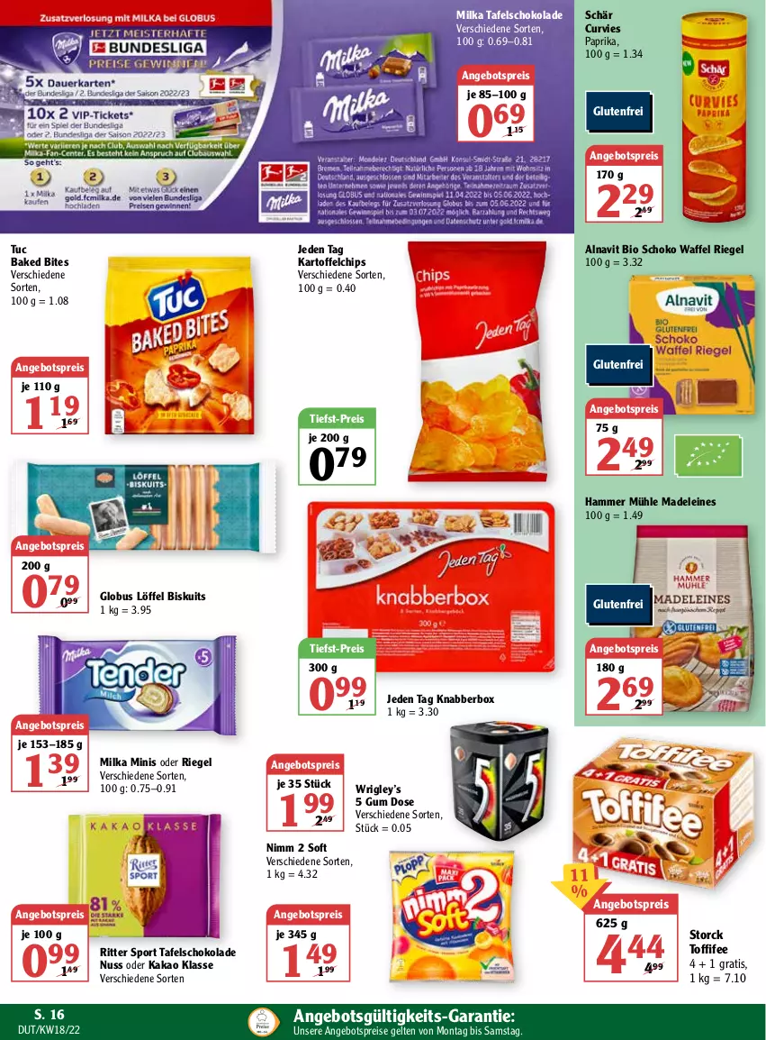 Aktueller Prospekt Globus - Prospekte - von 02.05 bis 07.05.2022 - strona 20 - produkty: angebot, angebotspreis, bio, bites, chips, eis, kakao, kartoffel, kartoffelchips, leine, Löffel, milka, Nimm 2, nuss, paprika, reis, riegel, ritter, ritter sport, schoko, schokolade, Sport, storck, tafelschokolade, Ti, tiefst-preis, toffifee, tuc