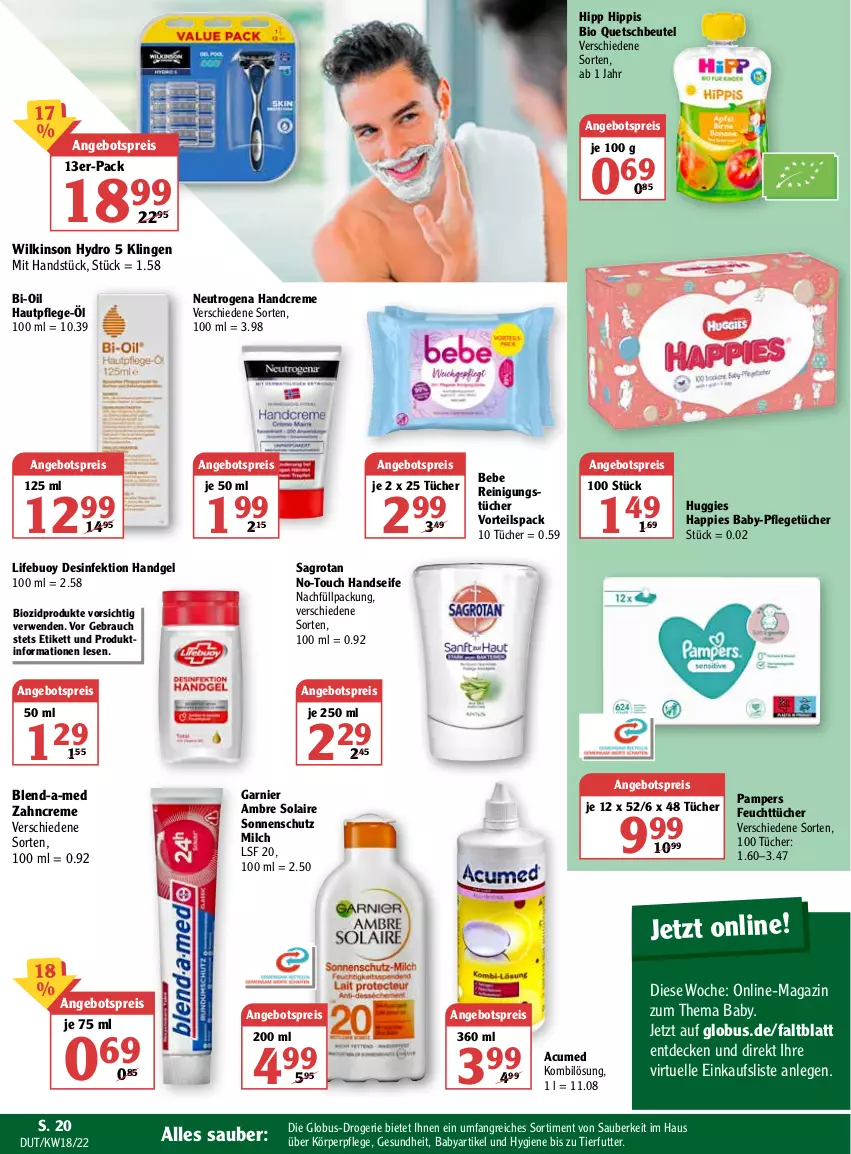 Aktueller Prospekt Globus - Prospekte - von 02.05 bis 07.05.2022 - strona 24 - produkty: Ambre Solaire, angebot, angebotspreis, Bebe, beutel, Bi-Oil, bio, biozidprodukte, blend-a-med, creme, decke, Desinfektion, eis, elle, feuchttücher, garnier, Gesundheit, handcreme, Handseife, Hautpflege, hipp, Huggies, körperpflege, magazin, milch, neutrogena, pampers, quetschbeutel, Rauch, Reinigung, reinigungstücher, reis, rwe, sagrotan, Seife, sonnenschutz, Ti, tücher, wilkinson, zahncreme