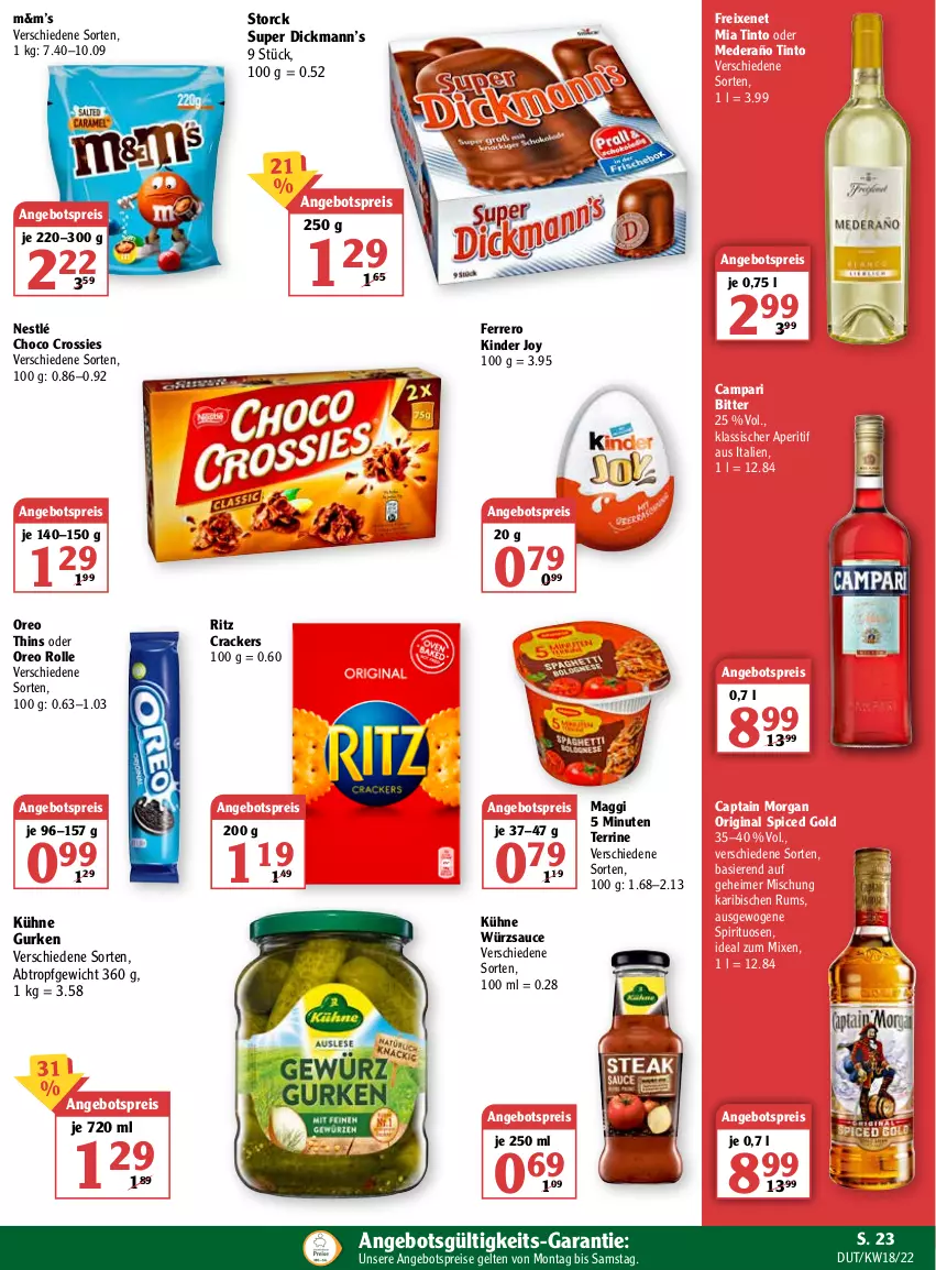 Aktueller Prospekt Globus - Prospekte - von 02.05 bis 07.05.2022 - strona 27 - produkty: angebot, angebotspreis, aperitif, campari, Cap, captain morgan, choco crossies, cracker, crossies, eimer, eis, ferrero, freixenet, gin, gurke, gurken, Kinder, Kühne, maggi, nestlé, oreo, original spiced gold, reis, rum, sauce, spirituosen, storck, terrine, Ti, würzsauce