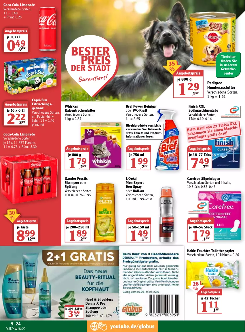 Aktueller Prospekt Globus - Prospekte - von 02.05 bis 07.05.2022 - strona 28 - produkty: angebot, angebotspreis, beko, bio, biozidprodukte, Bref, bref power, Cap, capri-sun, carefree, coca-cola, cola, deo, deo spray, eis, ente, erfrischungsgetränk, feuchtes toilettenpapier, Finish, flasche, fructis, garnier, getränk, getränke, hakle, Katzentrockenfutter, kraft, limo, limonade, nassfutter, papier, pedigree, pet-flasche, Rauch, reiniger, reis, roll-on, rwe, shampoo, shampoo oder spülung, slip, slipeinlagen, spülmaschinen, spülmaschinentabs, spülung, Ti, toilettenpapier, trockenfutter, tücher, whiskas, Yo