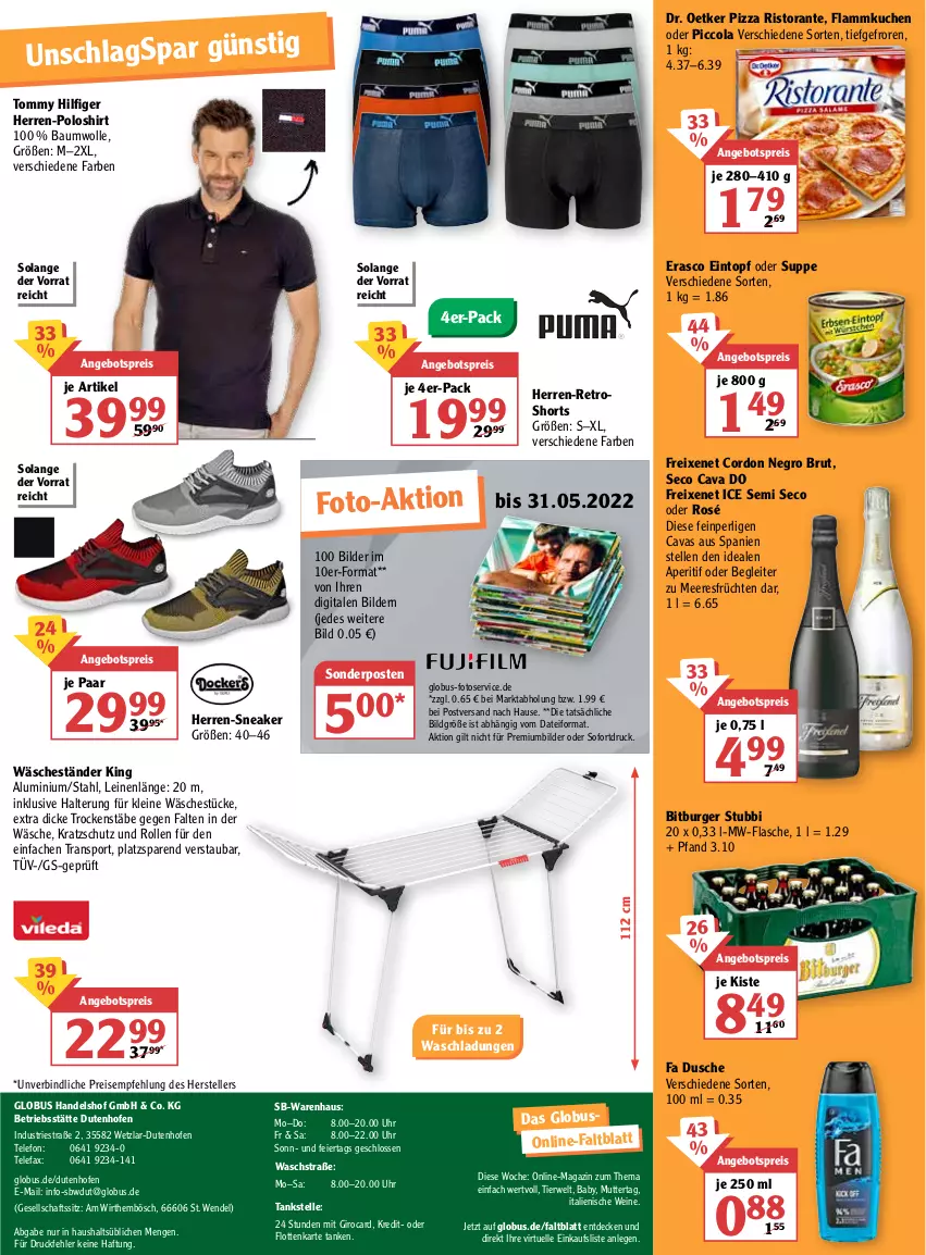 Aktueller Prospekt Globus - Prospekte - von 02.05 bis 07.05.2022 - strona 40 - produkty: angebot, angebotspreis, aperitif, Bau, baumwolle, bitburger, brut, burger, Cava, cola, decke, Dr. Oetker, dusche, eier, eintopf, eis, elle, erasco, flammkuchen, flasche, freixenet, früchte, früchten, herren-polo, herren-sneaker, kuchen, lamm, Lefax, leine, magazin, meeresfrüchte, mw-flasche, Ofen, pizza, poloshirt, reis, retroshorts, ristorante, rwe, shirt, shorts, sneaker, sonderposten, Sport, suppe, telefon, teller, Ti, tommy hilfiger, topf, uhr, wein, weine, wolle