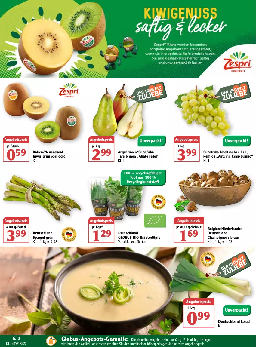 Aktueller Prospekt Globus - Prospekte - von 02.05 bis 07.05.2022 - strona 6 - produkty: angebot, angebote, angebotspreis, bio, Birnen, braun, champignon, champignons, champignons braun, Clin, eis, Elan, elle, jumbo, kiwi, kräuter, LG, reis, Schal, Schale, spargel, spargel grün, tafelbirnen, tafeltrauben, Ti, topf, trauben