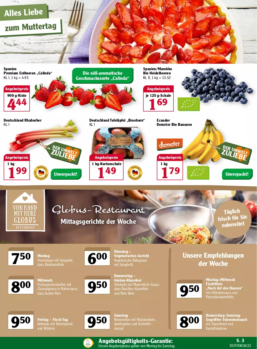 Aktueller Prospekt Globus - Prospekte - von 02.05 bis 07.05.2022 - strona 7 - produkty: angebot, angebotspreis, apfel, auer, banane, bananen, Bau, beere, beeren, bio, bolognese, champignon, champignons, eis, erdbeere, erdbeeren, filet, filets, fisch, fleisch, fleischkäse, geschnetzeltes, grill, heidelbeere, heidelbeeren, kartoffel, kartoffeln, Käse, Kraut, mac, meerrettich, mit röstzwiebeln, petersilie, pute, Putengeschnetzeltes, reis, Rettich, rhabarber, rind, rinder, Rinderleber, röstzwiebeln, rote bete, sauce, Sauerkraut, Schal, Schale, schwein, schweine, Schweinebauch, spaghetti, spiegel, spinat, tafeläpfel, tafelspitz, Ti, tisch, Vegeta, wein, weine, Wild, Zelt, zwiebel, zwiebeln