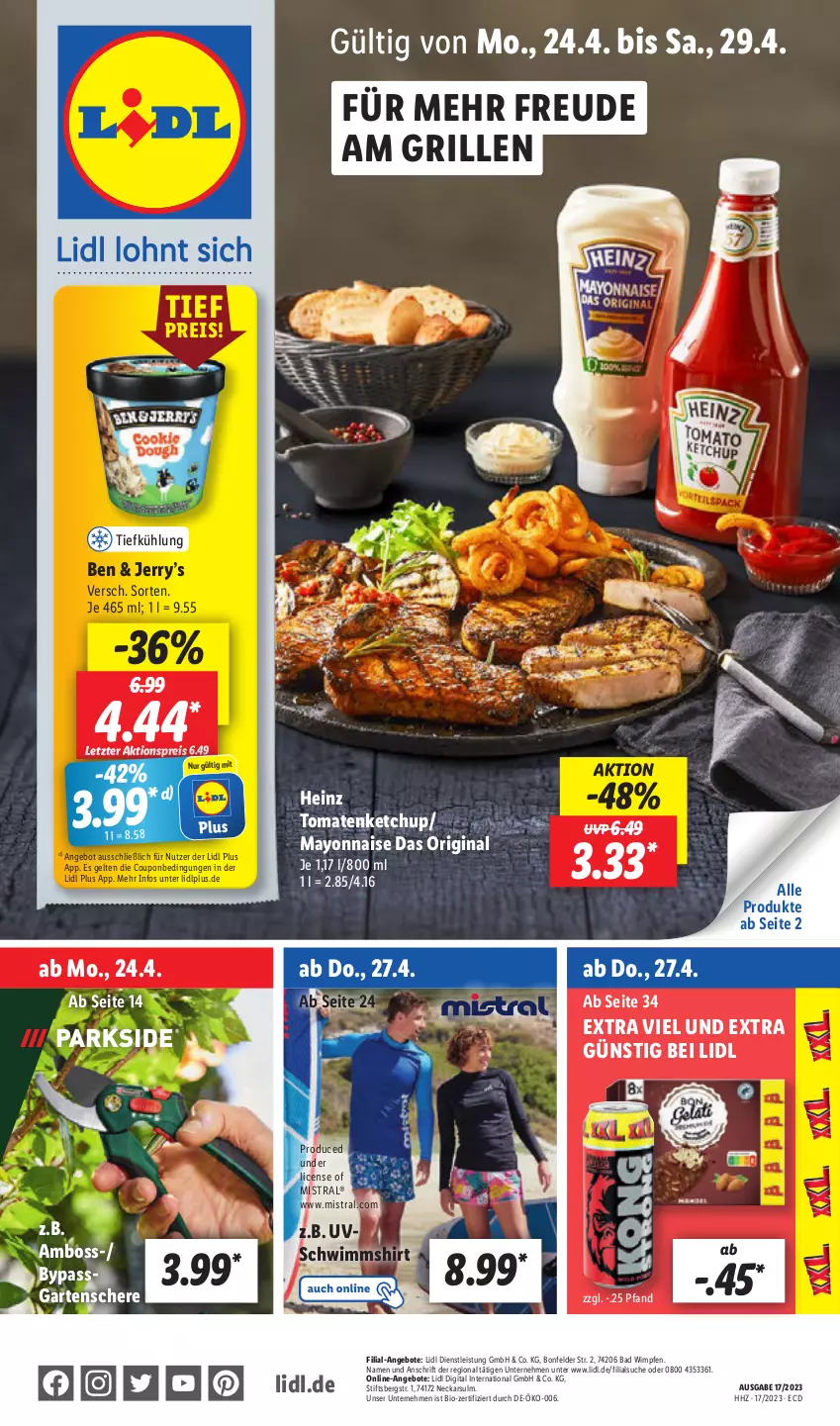 Aktueller Prospekt Lidl - Aktionsprospekt - von 24.04 bis 29.04.2023 - strona 1 - produkty: aktionspreis, angebot, angebote, Bad, bio, boss, coupon, eis, Garten, Gartenschere, gin, grill, heinz, ketchup, mayonnaise, reis, Schere, shirt, Ti, tomate, tomaten, tomatenketchup, Yo, ZTE