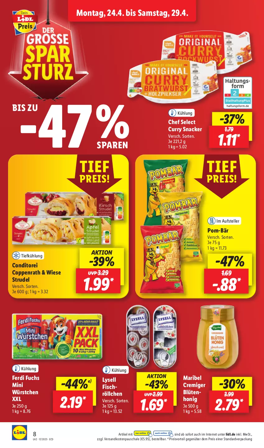 Aktueller Prospekt Lidl - Aktionsprospekt - von 24.04 bis 29.04.2023 - strona 10 - produkty: Blüte, blütenhonig, coppenrath, curry, eis, elle, ferdi fuchs, fisch, honig, lysell, ndk, preisvorteil, reis, Schal, Schale, snack, Strudel, teller, Ti, würstchen