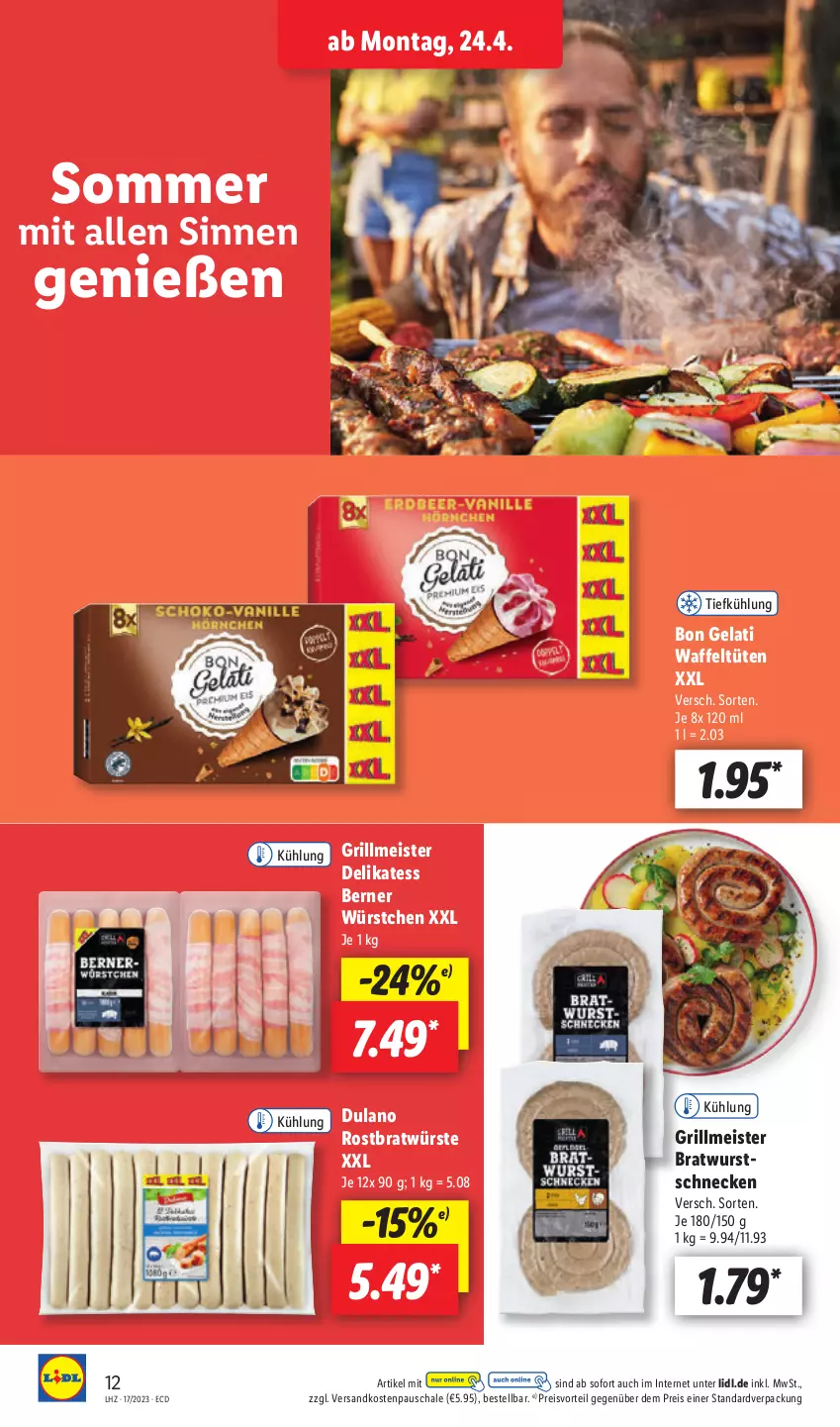 Aktueller Prospekt Lidl - Aktionsprospekt - von 24.04 bis 29.04.2023 - strona 14 - produkty: Bon Gelati, bratwurst, dulano, eis, grill, Meister, ndk, preisvorteil, reis, Schal, Schale, Ti, Tüte, wurst, würstchen