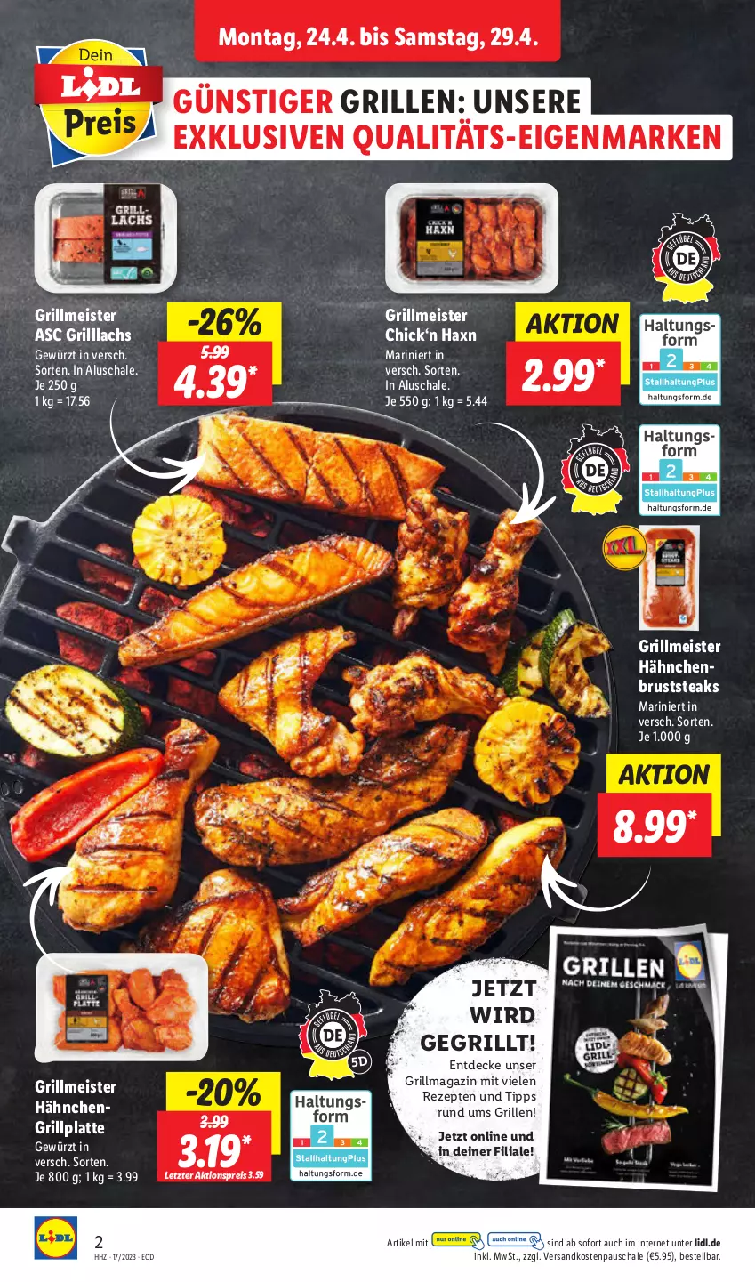 Aktueller Prospekt Lidl - Aktionsprospekt - von 24.04 bis 29.04.2023 - strona 2 - produkty: aktionspreis, decke, eis, gewürz, grill, grillplatte, hähnchenbrust, lachs, latte, magazin, Meister, ndk, reis, rezept, rezepte, Schal, Schale, steak, steaks, Ti, ZTE