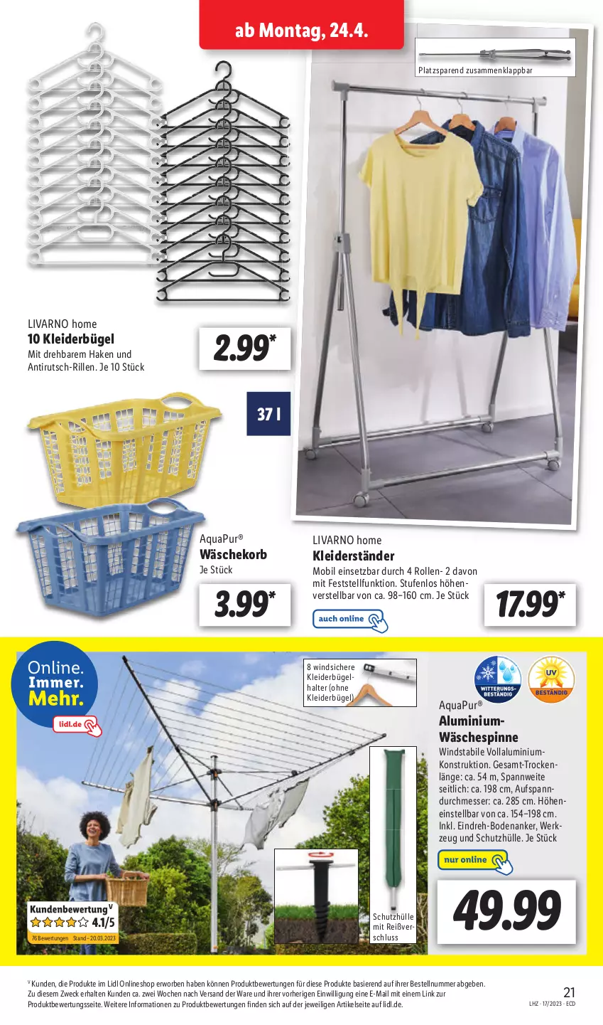 Aktueller Prospekt Lidl - Aktionsprospekt - von 24.04 bis 29.04.2023 - strona 29 - produkty: aqua, AquaPur, bügel, kleid, kleider, kleiderbügel, Kleiderständer, korb, messer, schutzhülle, Ti, wäschekorb, wäschespinne, weck, werkzeug