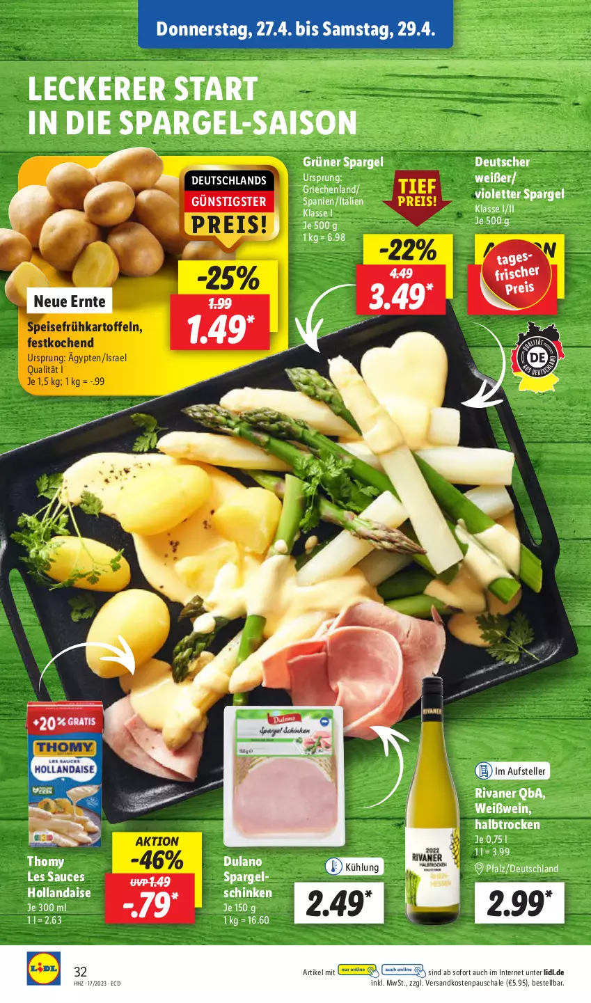 Aktueller Prospekt Lidl - Aktionsprospekt - von 24.04 bis 29.04.2023 - strona 42 - produkty: dulano, eis, elle, Frühkartoffeln, grüner spargel, hollandaise, kartoffel, kartoffeln, ndk, reis, Rivaner, sauce, Schal, Schale, schinken, spargel, spargelschinken, speisefrühkartoffeln, teller, thomy, thomy les sauces, Ti, wein, Weißwein