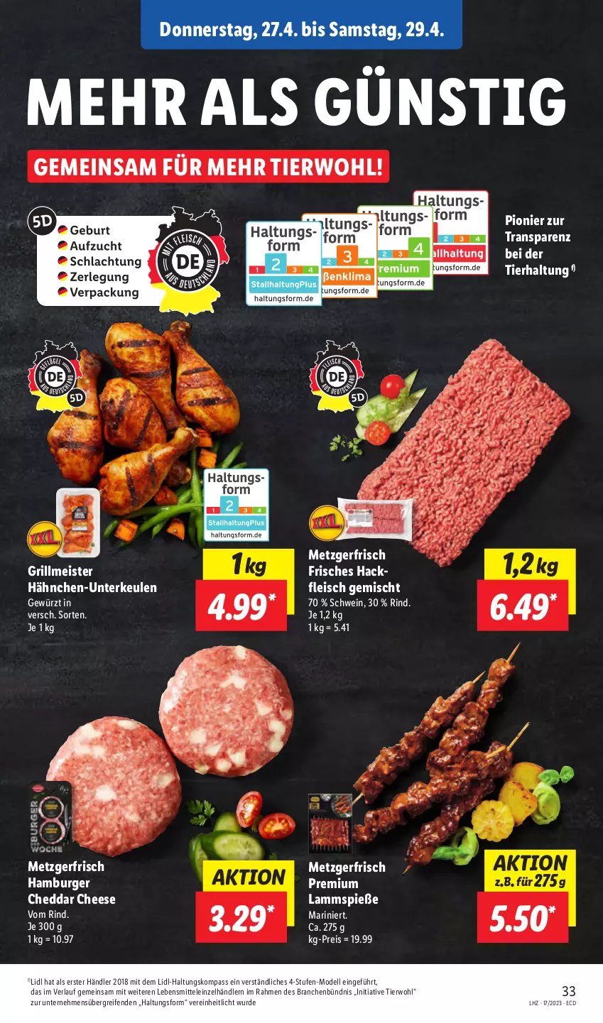 Aktueller Prospekt Lidl - Aktionsprospekt - von 24.04 bis 29.04.2023 - strona 43 - produkty: burger, cheddar, dell, eis, fleisch, gewürz, grill, hackfleisch, hackfleisch gemischt, Hähnchen-Unterkeulen, hamburger, lamm, Lammspieße, lebensmittel, Meister, Mode, reifen, reis, rind, schwein, Ti, wein