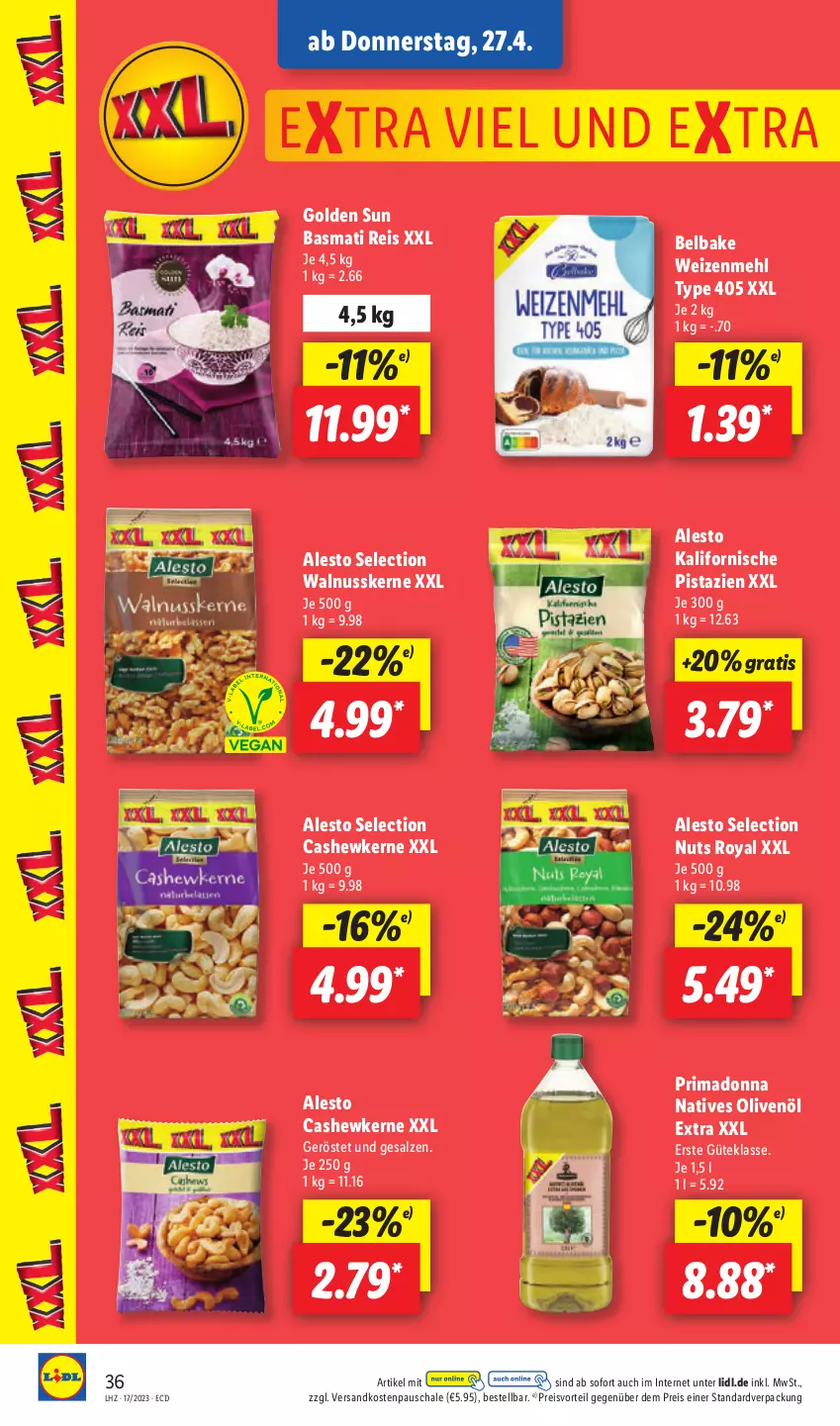 Aktueller Prospekt Lidl - Aktionsprospekt - von 24.04 bis 29.04.2023 - strona 46 - produkty: alesto, basmati, Basmati Reis, Cashew, cashewkerne, eis, mehl, natives olivenöl, ndk, nuss, olive, oliven, olivenöl, olivenöl extra, pistazien, preisvorteil, reis, salz, Schal, Schale, Ti, type 405, walnuss, walnusskerne, weizenmehl