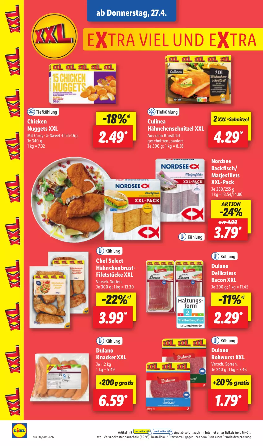 Aktueller Prospekt Lidl - Aktionsprospekt - von 24.04 bis 29.04.2023 - strona 48 - produkty: backfisch, bacon, brustfilet, chicken nuggets, chili, curry, dip, dulano, eis, filet, filets, fisch, hähnchenbrust, hähnchenbrustfilet, Hähnchenschnitzel, knacker, matjes, Matjesfilet, matjesfilets, ndk, Nordsee, nuggets, preisvorteil, reis, Rohwurst, Schal, Schale, schnitten, schnitzel, Ti, wurst