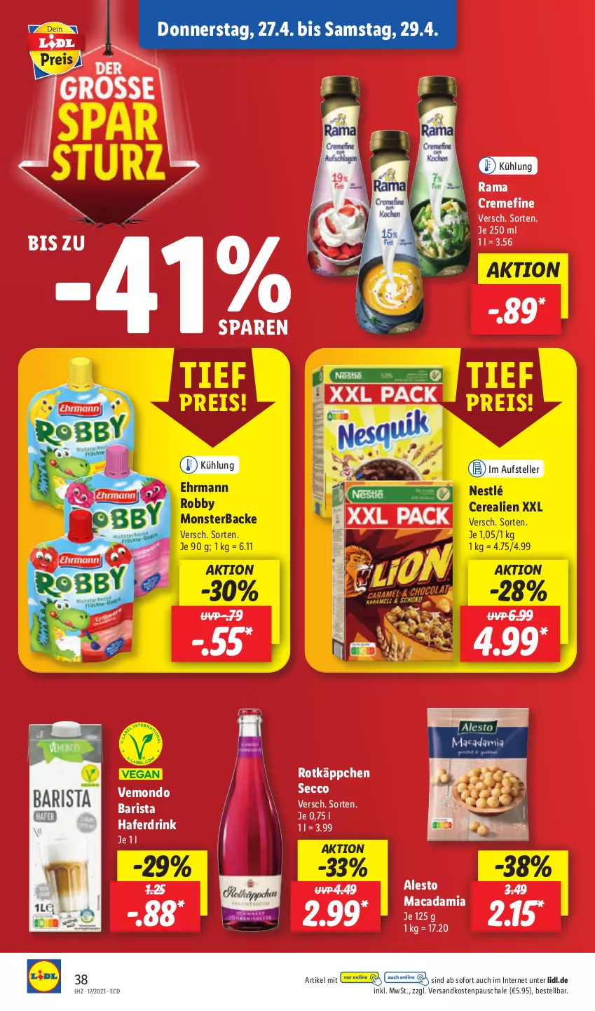 Aktueller Prospekt Lidl - Aktionsprospekt - von 24.04 bis 29.04.2023 - strona 50 - produkty: alesto, cerealien, creme, drink, ecco, ehrmann, eis, elle, hafer, Haferdrink, mac, macadamia, monster, ndk, nestlé, rama, rama cremefine, reis, robby, rotkäppchen, Schal, Schale, teller, Ti