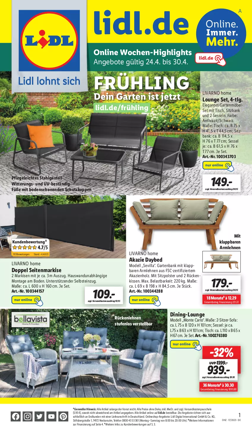 Aktueller Prospekt Lidl - Aktionsprospekt - von 24.04 bis 29.04.2023 - strona 55 - produkty: angebot, angebote, arlo, armlehnen, Bank, dell, eis, elle, Garten, gartenbank, gartenmöbel, Holz, kissen, LG, möbel, Mode, monte, ndk, reis, rel, Rückenkissen, rückenlehne, Schal, Schale, Seitenmarkise, sessel, sitzbank, Sofa, telefon, Ti, tisch, uhr