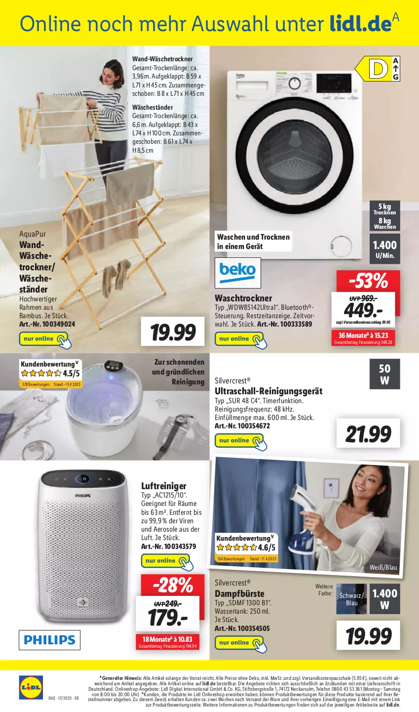 Aktueller Prospekt Lidl - Aktionsprospekt - von 24.04 bis 29.04.2023 - strona 58 - produkty: angebot, angebote, aqua, AquaPur, bambus, bürste, eis, elle, Luftreiniger, ndk, reiniger, Reinigung, reis, rel, Schal, Schale, silvercrest, telefon, Ti, timer, Trockner, uhr, wäschetrockner, waschtrockner, wasser, wassertank, weck