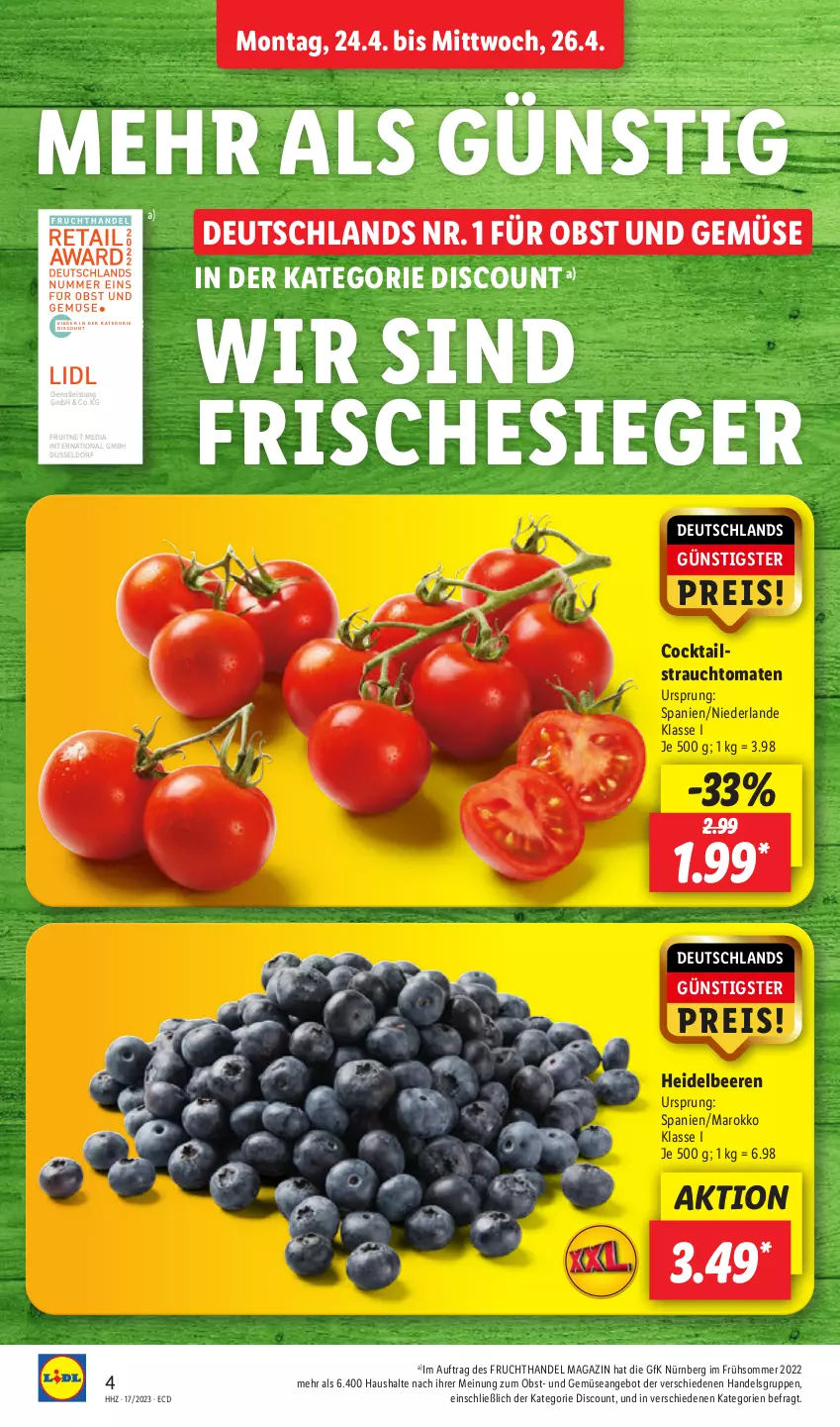 Aktueller Prospekt Lidl - Aktionsprospekt - von 24.04 bis 29.04.2023 - strona 6 - produkty: angebot, beere, beeren, cocktail, cocktails, discount, eis, ente, frucht, heidelbeere, heidelbeeren, magazin, obst, Obst und Gemüse, Rauch, reis, strauchtomaten, Ti, tomate, tomaten, und gemüse