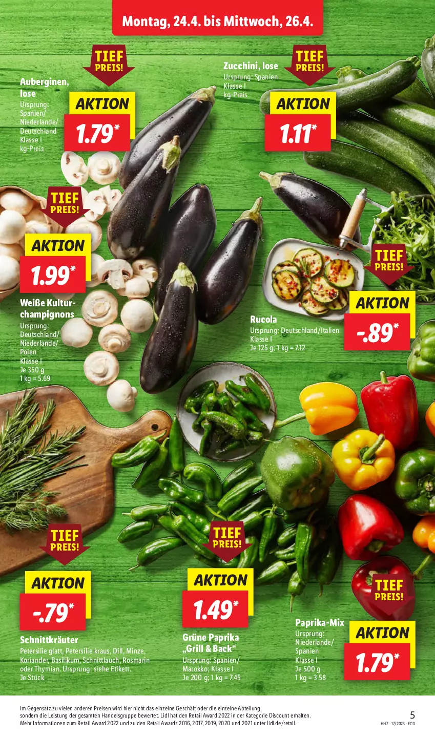 Aktueller Prospekt Lidl - Aktionsprospekt - von 24.04 bis 29.04.2023 - strona 7 - produkty: Abtei, aubergine, auberginen, basilikum, champignon, champignons, cola, discount, eis, gin, grill, Koriander, kräuter, minze, paprika, petersilie, reis, Ria, rosmarin, rucola, schnittlauch, Ti, zucchini