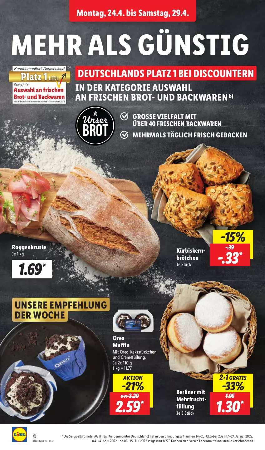 Aktueller Prospekt Lidl - Aktionsprospekt - von 24.04 bis 29.04.2023 - strona 8 - produkty: backwaren, berliner, brot, brötchen, creme, discount, frucht, geback, keks, Kürbis, Kürbiskernbrötchen, lebensmittel, monitor, Muffin, oreo, pril, Ti