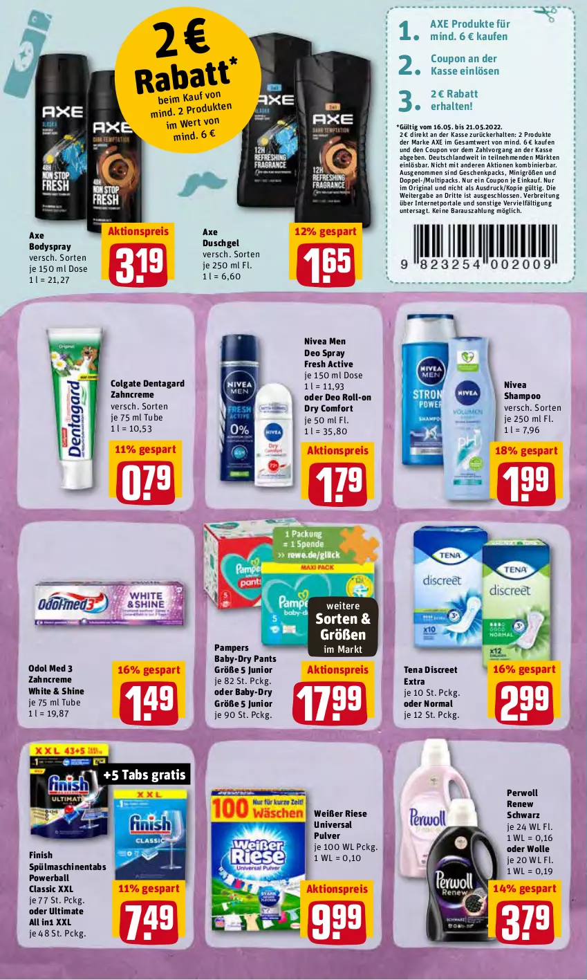 Aktueller Prospekt Rewe - Prospekte - von 16.05 bis 21.05.2022 - strona 16 - produkty: aktionspreis, axe, axe duschgel, baby-dry, ball, body, bodyspray, Brei, colgate, coupon, creme, deo, deo roll-on, deo spray, Discreet, duschgel, eis, Finish, gin, LG, nivea, Nivea Men, oder deo roll-on, Odol, odol med, pampers, Pants, perwoll, powerball, reis, roll-on, shampoo, spülmaschinen, spülmaschinentabs, Ti, universal pulver, wolle, zahncreme