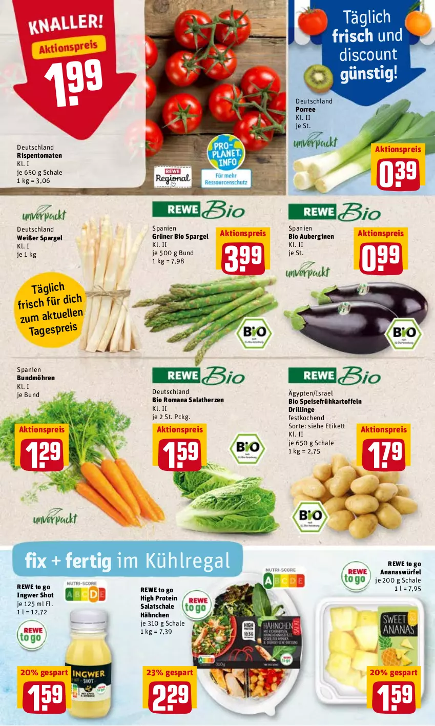 Aktueller Prospekt Rewe - Prospekte - von 16.05 bis 21.05.2022 - strona 2 - produkty: aktionspreis, ananas, aubergine, auberginen, bio, Bundmöhren, discount, eis, Frühkartoffeln, gin, ingwer, kartoffel, kartoffeln, kühlregal, möhren, regal, reis, rispentomaten, salat, salatherzen, Schal, Schale, spargel, speisefrühkartoffeln, Ti, tomate, tomaten, würfel