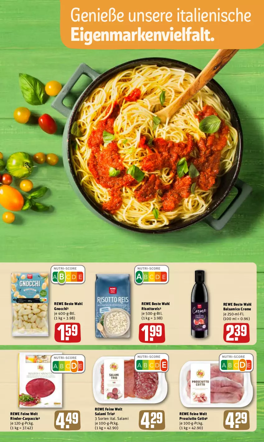 Aktueller Prospekt Rewe - Prospekte - von 16.05 bis 21.05.2022 - strona 21 - produkty: ACC, balsam, balsamico, Carpaccio, creme, eis, gnocchi, prosciutto, prosciutto cotto, reis, rewe beste wahl, rewe feine welt, rind, rinder, risotto, salami