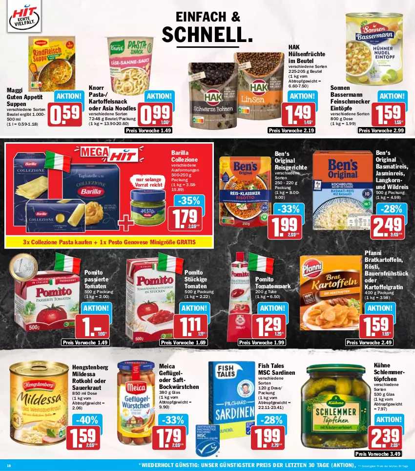 Aktueller Prospekt Hit - Wochenprospekt - von 11.11 bis 16.11.2024 - strona 10 - produkty: auer, barilla, basmati, Bau, Bauer, beutel, eintöpfe, eis, feinschmecker, früchte, Geflügel, genovese, gin, hengstenberg, hülsenfrüchte, kartoffel, kartoffeln, knorr, knorr pasta, korn, Kraut, Kühne, LG, maggi, meica, pasta, pesto, pfanni, pomito, reis, rotkohl, saft, Sardinen, Sauerkraut, schlemmertöpfchen, senf, snack, suppe, suppen, Ti, tomate, tomaten, tomatenmark, Töpfchen, Wild, würstchen, ZTE