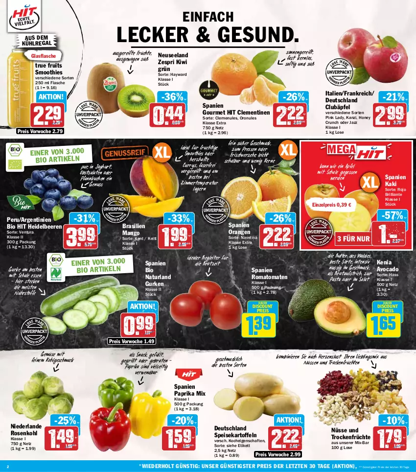 Aktueller Prospekt Hit - Wochenprospekt - von 11.11 bis 16.11.2024 - strona 2 - produkty: apfel, auer, aufstrich, aus dem kühlregal, avocado, beere, beeren, bio, bio hit, braten, brot, brotaufstrich, butter, clementinen, curry, discount, eis, Elan, erde, flasche, frucht, früchte, früchten, glasflasche, grill, gurke, gurken, heidelbeere, heidelbeeren, joghur, joghurt, Kaki, kartoffel, kartoffeln, kiwi, kuchen, kühlregal, LG, mac, mango, natur, naturland, navelina, nuss, obst, orange, orangen, paprika, paprika mix, pasta, Pfannkuchen, Pink Lady, regal, reis, Romatomaten, rosen, Rosenkohl, rwe, saft, salat, salate, Schal, Schale, smoothie, smoothies, snack, speisekartoffeln, Ti, tomate, tomaten, Trockenfrüchte, true fruits, zespri, ZTE