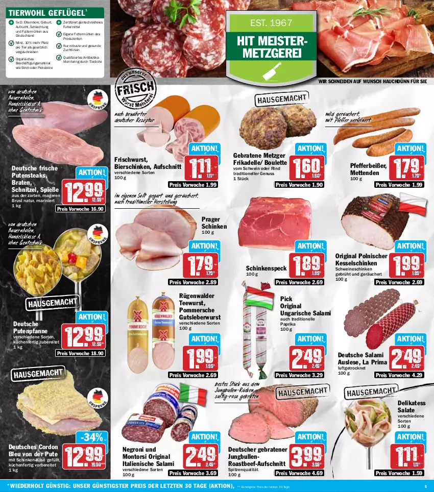 Aktueller Prospekt Hit - Wochenprospekt - von 11.11 bis 16.11.2024 - strona 5 - produkty: auer, aufschnitt, Bau, Bauer, beef, bier, bierschinken, bio, braten, cordon bleu, dell, eis, elle, ente, Geflügel, gin, gutsleberwurst, jungbullen, Käse, küche, Küchen, leberwurst, Meister, Mett, metten, Mettenden, monitor, montorsi, natur, nuss, paprika, pfanne, pfeffer, Pfefferbeißer, Pommersche, pute, putensteaks, reis, rezept, Ria, rind, ring, roastbeef, rügenwalder, saft, salami, salat, salate, schinken, schinkenspeck, schnitzel, schwein, schweine, Speck, spitzenqualität, steak, steaks, tee, teewurst, Ti, Tiere, Ungarische Salami, wein, weine, wurst, ZTE