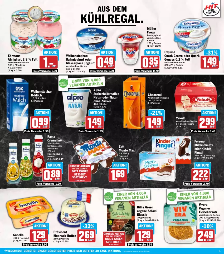 Aktueller Prospekt Hit - Wochenprospekt - von 11.11 bis 16.11.2024 - strona 9 - produkty: almighur, almighurt, alpro, aus dem kühlregal, Becher, butter, creme, dessert, ehrmann, ehrmann almighurt, eis, exquisa, ferrero, flasche, fleisch, froop, frucht, fruchtjoghurt, joghur, joghurt, Kinder, kinder pingui, kühlregal, mascarpone, meersalz, milch, Milchschnitte, monte, Müller, müller froop, natur, nuss, pingui, quark, quark genus, quark genuss, rahmjoghurt, rama, rama cremefine, regal, reis, salami, salz, Ti, weihenstephan, zott, Zott Monte, ZTE, zucker