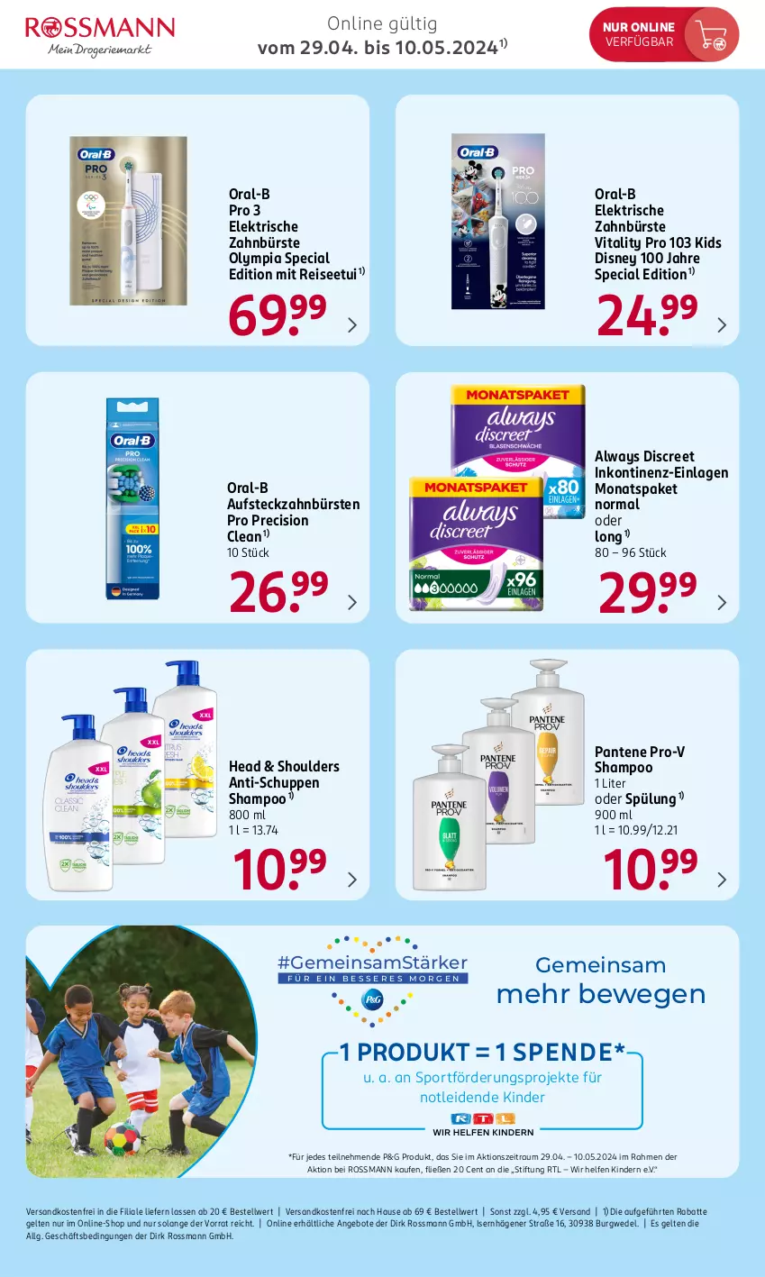 Aktueller Prospekt Rossmann - Prospekte - von 29.04 bis 10.05.2024 - strona 8 - produkty: Alwa, Always, angebot, angebote, bürste, bürsten, Discreet, disney, eis, elektrische zahnbürste, Kinder, LG, ndk, oral-b, pantene, pantene pro-v, precision clean, pro-v, reis, shampoo, Sport, spülung, Ti, versandkostenfrei, vita, vitality, wedel, zahnbürste, zahnbürsten