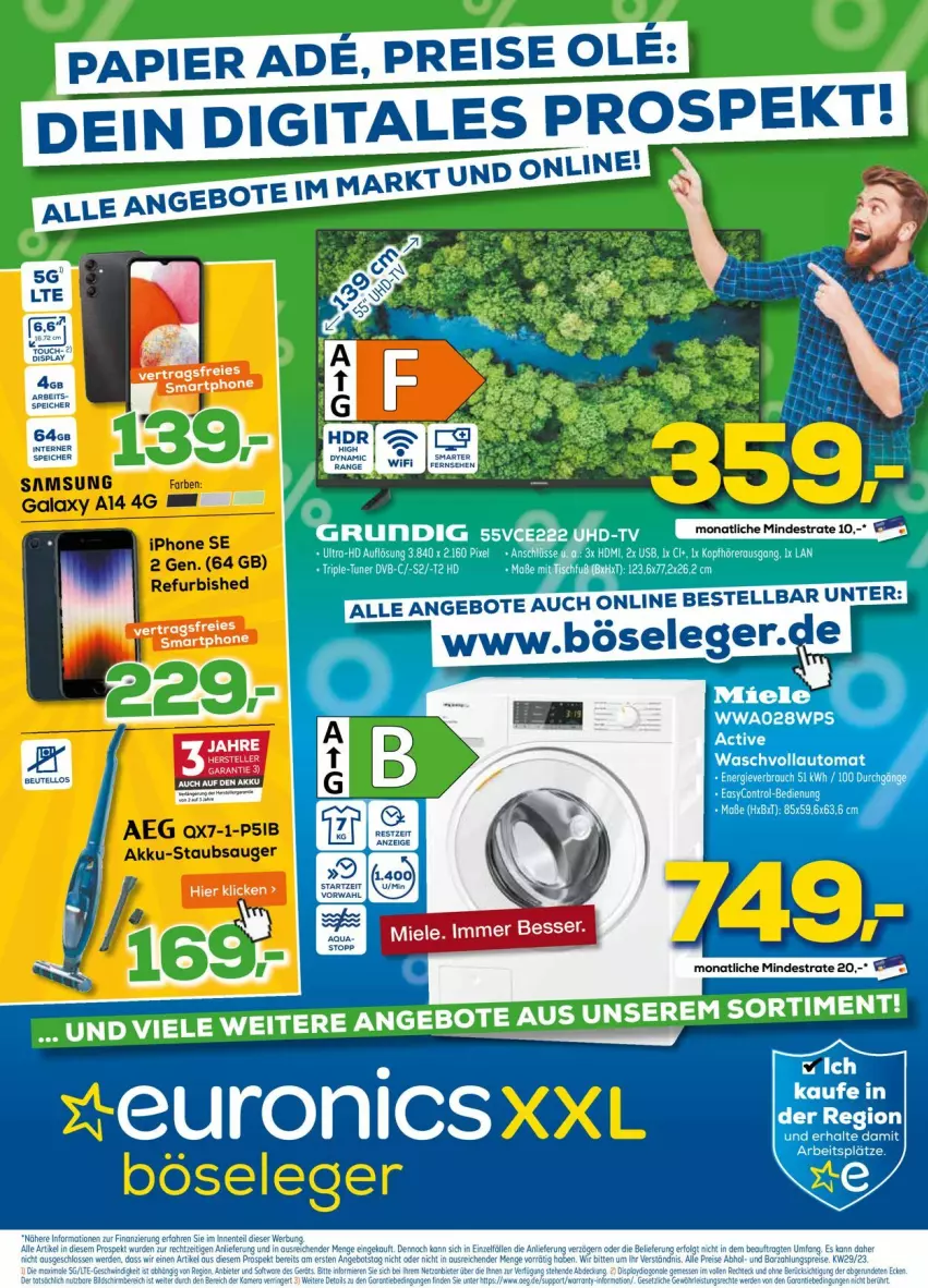 Aktueller Prospekt Euronics - Prospekte - von 22.07 bis 30.07.2023 - strona 1 - produkty: aeg, akku, Akku-Staubsauger, angebot, angebote, beutel, eis, iphone, IPhone SE, papier, reis, Samsung, staubsauger