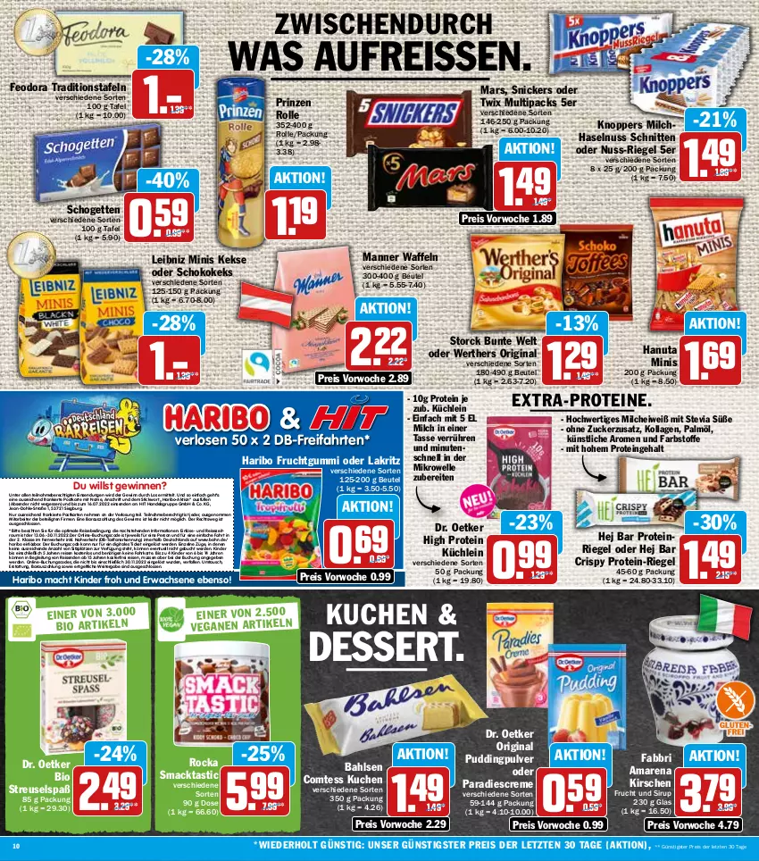 Aktueller Prospekt Hit - Prospekte - von 27.06 bis 02.07.2022 - strona 10 - produkty: asti, bahlsen, beutel, bio, buch, comtess, comtess kuchen, creme, dessert, Dr. Oetker, eis, elle, erde, frucht, fruchtgummi, gin, hanuta, haribo, haselnuss, keks, kekse, Kinder, kirsch, kirsche, kirschen, knoppers, Kollagen, kuchen, Lakritz, leibniz, mac, Manner, mars, mikrowelle, milch, nuss, oder lakritz, oder twix, prinzen rolle, pudding, reis, reiss, riegel, schnitten, schogetten, schoko, sirup, snickers, storck, tasse, Ti, twix, waffeln, ZTE, zucker