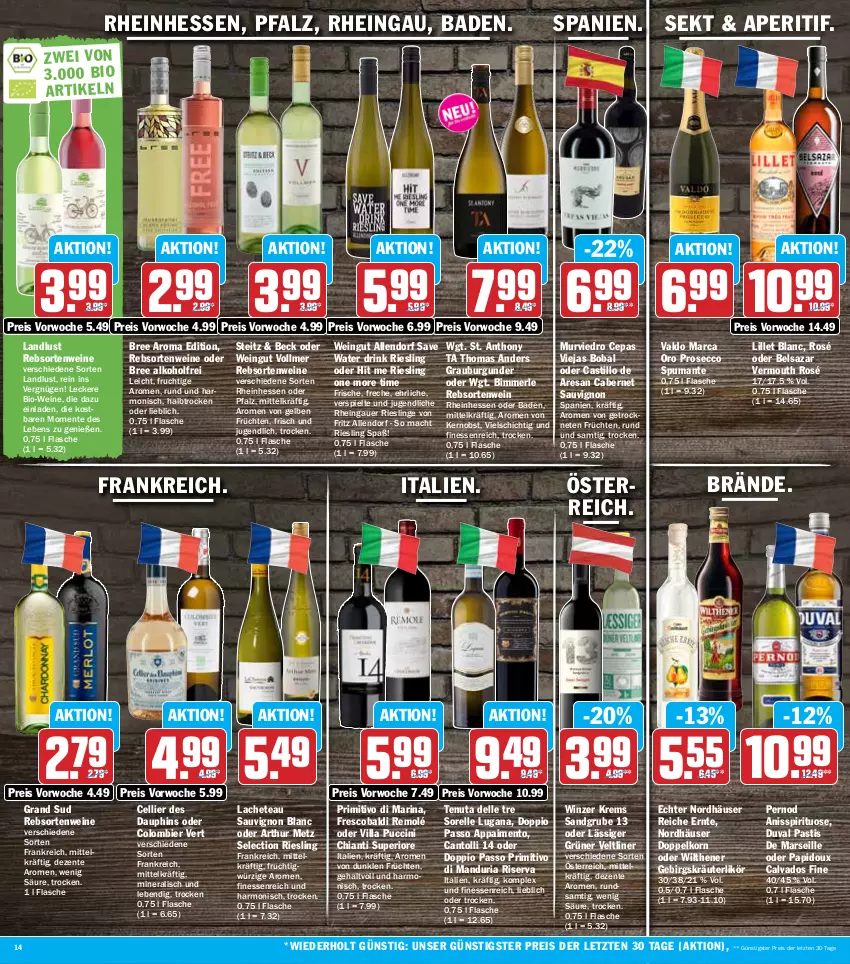 Aktueller Prospekt Hit - Prospekte - von 27.06 bis 02.07.2022 - strona 14 - produkty: aldi, alkohol, aperitif, asti, auer, Bad, Belsazar, bier, bio, Bio-Wein, bree, burgunder, cabernet, cabernet sauvignon, chia, chianti, cin, dell, doppelkorn, doppio passo, drink, ecco, eis, elle, ente, finesse, flasche, fritz, frucht, früchte, früchten, grand sud, grauburgunder, grüner veltliner, korn, kräuter, kräuterlikör, likör, lillet, mac, mars, merl, obst, passo, primitivo, prosecco, puma, rebsortenweine, reis, rel, resa, Ria, riesling, riserva, sauvignon, sauvignon blanc, sekt, spumante, Ti, valdo, Vermouth, wein, weine, wilthener, ZTE