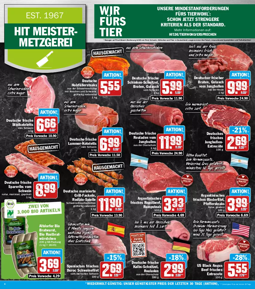 Aktueller Prospekt Hit - Prospekte - von 27.06 bis 02.07.2022 - strona 4 - produkty: Bau, bauchscheiben, beef, bio, braten, bratwurst, eis, ente, entrecôte, filet, fleisch, gewürz, grill, grill-fackeln, gulasch, Holz, holzfällersteaks, jungbullen, kotelett, lack, mais, Meister, natur, pfeffer, pute, reis, rind, rinder, rinderfilet, roastbeef, rouladen, rum, rumpsteak, Schal, Schale, schinken, schnitten, schnitzel, schwein, schweine, schweine-bauch, schweine-bauchscheiben, schweinefilet, schweinerücken, spareribs, Spezi, steak, steaks, Ti, wein, weine, wurst, würstchen, ZTE