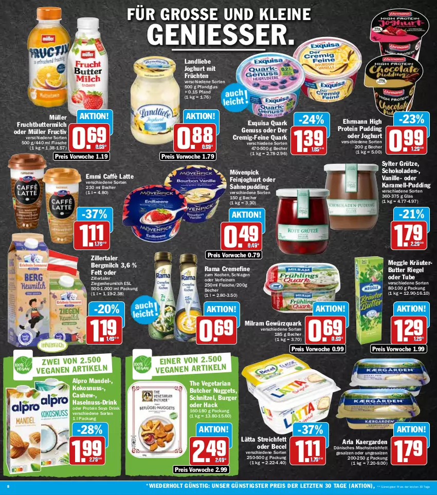 Aktueller Prospekt Hit - Prospekte - von 27.06 bis 02.07.2022 - strona 8 - produkty: alpro, arla, becel, Becher, burger, butter, buttermilch, caffè latte, Cashew, creme, drink, ehrmann, eis, emmi, exquisa, feinjoghurt, flasche, frucht, früchte, früchten, gewürz, gewürzquark, grütze, haselnuss, Heu, heumilch, joghur, joghurt, karamell, kokos, kokosnuss, kräuter, kräuterbutter, landliebe, landliebe joghurt, lätta, latte, leine, mandel, meggle, milch, milram, mövenpick, Müller, nuggets, nuss, pudding, quark, quark genus, quark genuss, rama, rama cremefine, reis, Ria, riegel, sahne, salz, schnitzel, schoko, schokolade, schokoladen, soya, Sylter, The Vegetarian Butcher, Ti, vanille, Vegeta, ZTE