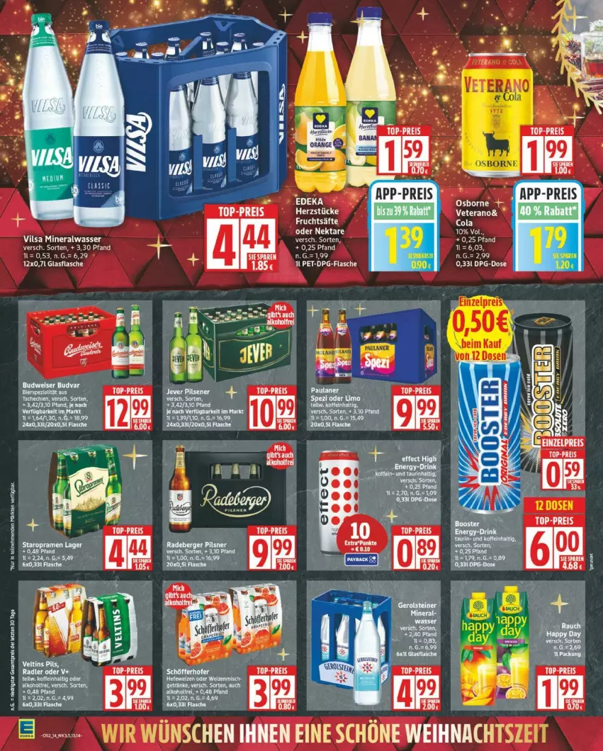 Aktueller Prospekt Edeka - Prospekte - von 22.12 bis 27.12.2025 - strona 14 - produkty: Alwa, bett, cola, eis, flasche, jever, mineralwasser, Nektar, osborne, reis, tee, top-preis, veterano, vilsa, wasser, ZTE