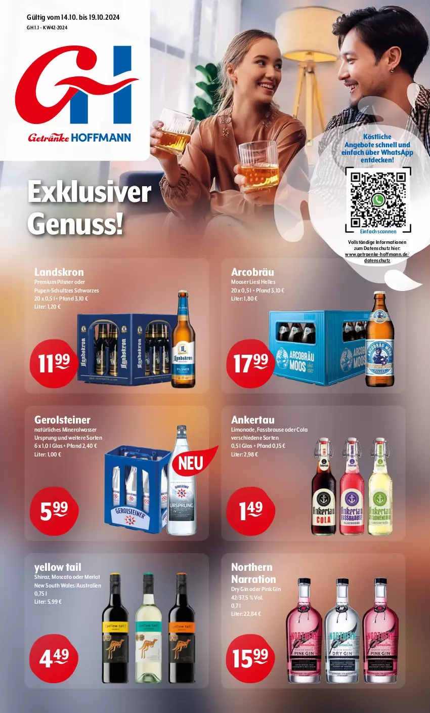 Aktueller Prospekt Getraenke Hoffmann - Prospekte - von 14.10 bis 19.10.2024 - strona 1 - produkty: Alwa, angebot, angebote, aust, brause, cola, decke, dry gin, elle, fassbrause, gerolsteine, gerolsteiner, gin, limo, limonade, merl, merlot, mineralwasser, natürliches mineralwasser, nuss, pils, pilsner, premium pils, steiner, Ti, wasser, yellow tail