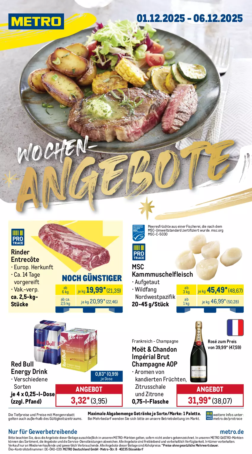 Aktueller Prospekt Metro - Wochen-Angebote - von 01.12 bis 06.12.2025 - strona 1 - produkty: abholpreise, angebot, angebote, brut, champagne, drink, eis, energy drink, entrecôte, fisch, fische, Fischer, flasche, fleisch, früchte, früchten, getränk, getränke, ilag, meeresfrüchte, Metro, metro gastro, Palette, Rauch, red bull, reis, Ria, rind, rinder, rwe, Schal, Schale, Schere, Ti, tiefpreis, Wild, zitrone