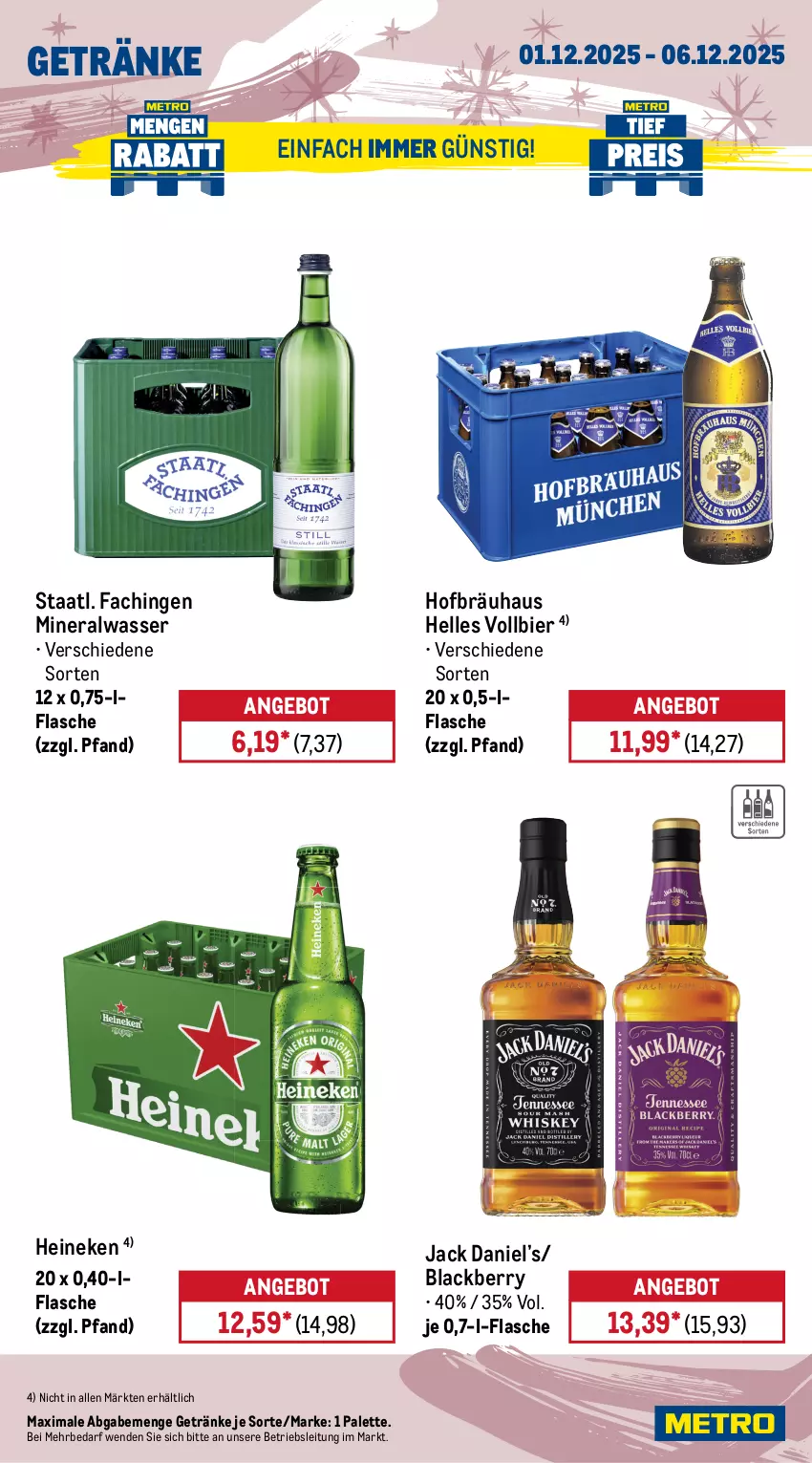 Aktueller Prospekt Metro - Wochen-Angebote - von 01.12 bis 06.12.2025 - strona 15 - produkty: Alwa, angebot, bier, bohne, bohnen, caffè crema, coca-cola, cola, eis, elle, ferrero, Ferrero Küsschen, flasche, getränk, getränke, heineken, jack daniel, Jack Daniel’s, jacobs, jacobs krönung, Kinder, kinder bueno, lack, lavazza, Metro, mineralwasser, Palette, pringles, reis, ring, Staatl. Fachingen, Ti, wasser