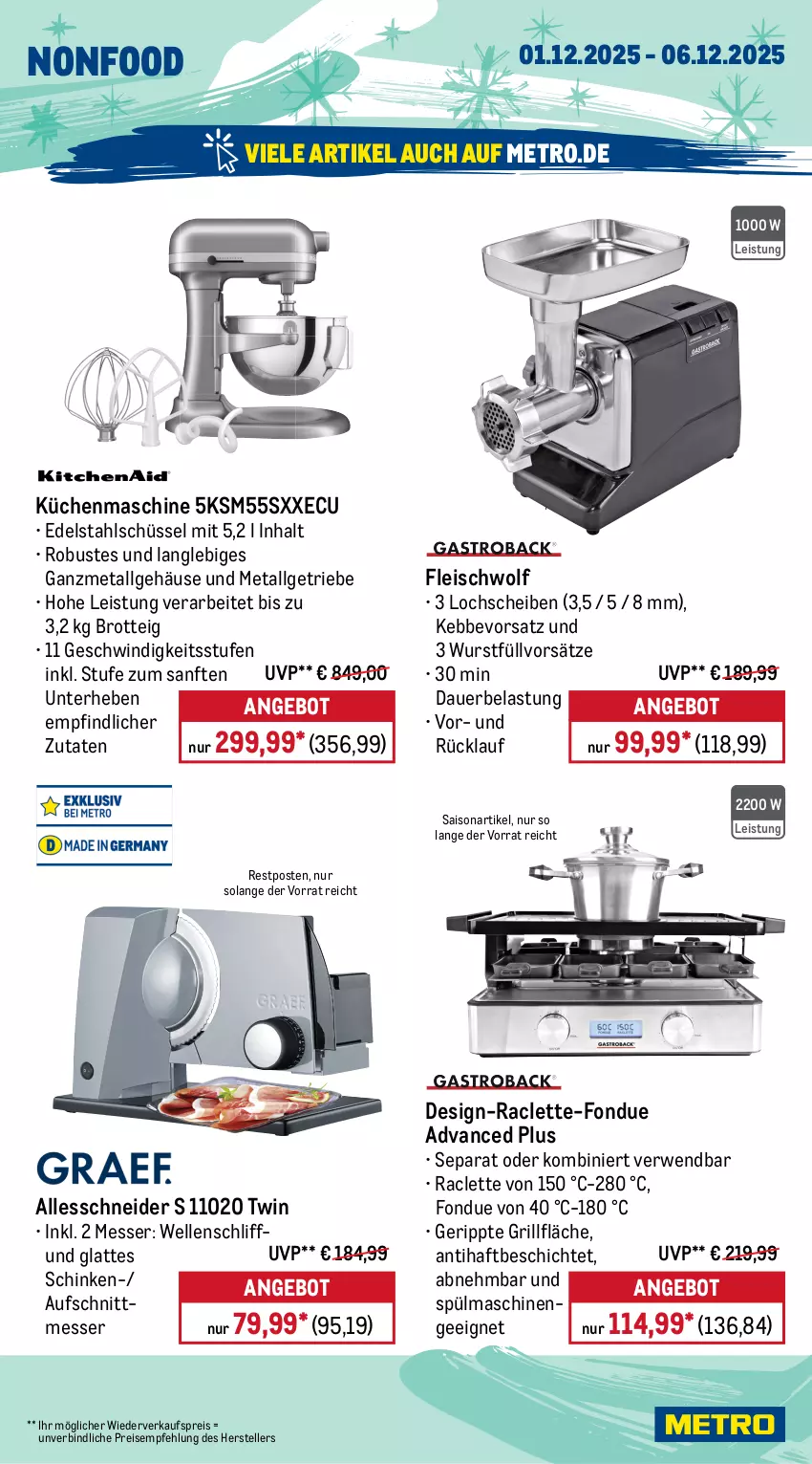 Aktueller Prospekt Metro - Wochen-Angebote - von 01.12 bis 06.12.2025 - strona 20 - produkty: ACC, angebot, auer, aufschnitt, auto, brot, chia, edelstahl, eis, elle, espresso, fleisch, Fondue, fritteuse, grill, grillfläche, induktionskochfeld, kaffee, kaffeeautomat, kaffeevollautomat, kochfeld, küche, Küchen, küchenmaschine, latte, LG, mac, macchiato, messer, Metro, nespresso, reis, rezept, rezepte, rwe, schinken, schüssel, senf, spülmaschinen, tasse, teller, Ti, timer, wasser, wurst