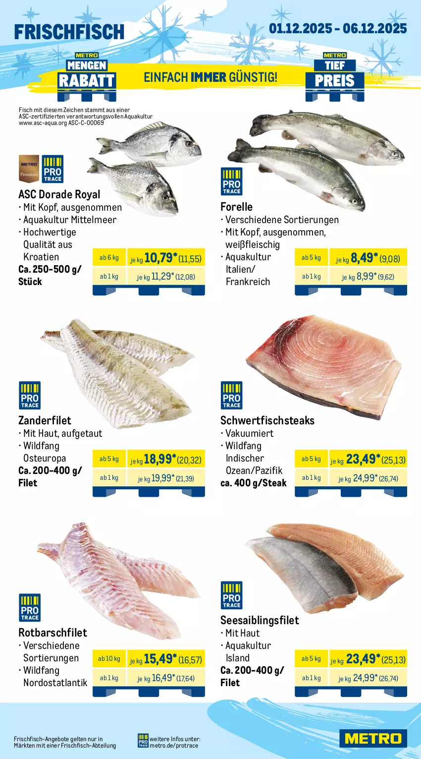 Aktueller Prospekt Metro - Wochen-Angebote - von 01.12 bis 06.12.2025 - strona 5 - produkty: Abtei, angebot, angebote, aqua, Dorade, dorade royal, eis, elle, ente, Entenbrust, filet, fisch, fleisch, forelle, frischfisch, Gänsebrust, hafer, lamm, Metro, rel, Rotbarsch, rotbarschfilet, Saibling, Seesaiblingsfilet, steak, steaks, Ti, topf, Wild, Zander
