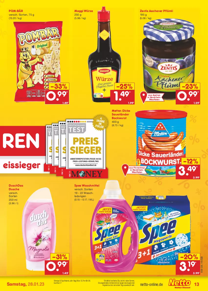 Aktueller Prospekt Netto Marken-Discount - Filial-Angebote - von 23.01 bis 28.01.2023 - strona 13 - produkty: angebot, auer, bestpreis, bockwurst, Dicke Sauerländer Bockwurst, duschdas, dusche, eis, maggi, maggi würze, Mett, metten, pom-bär, reis, spee, Ti, waschmittel, wurst, zentis, ZTE