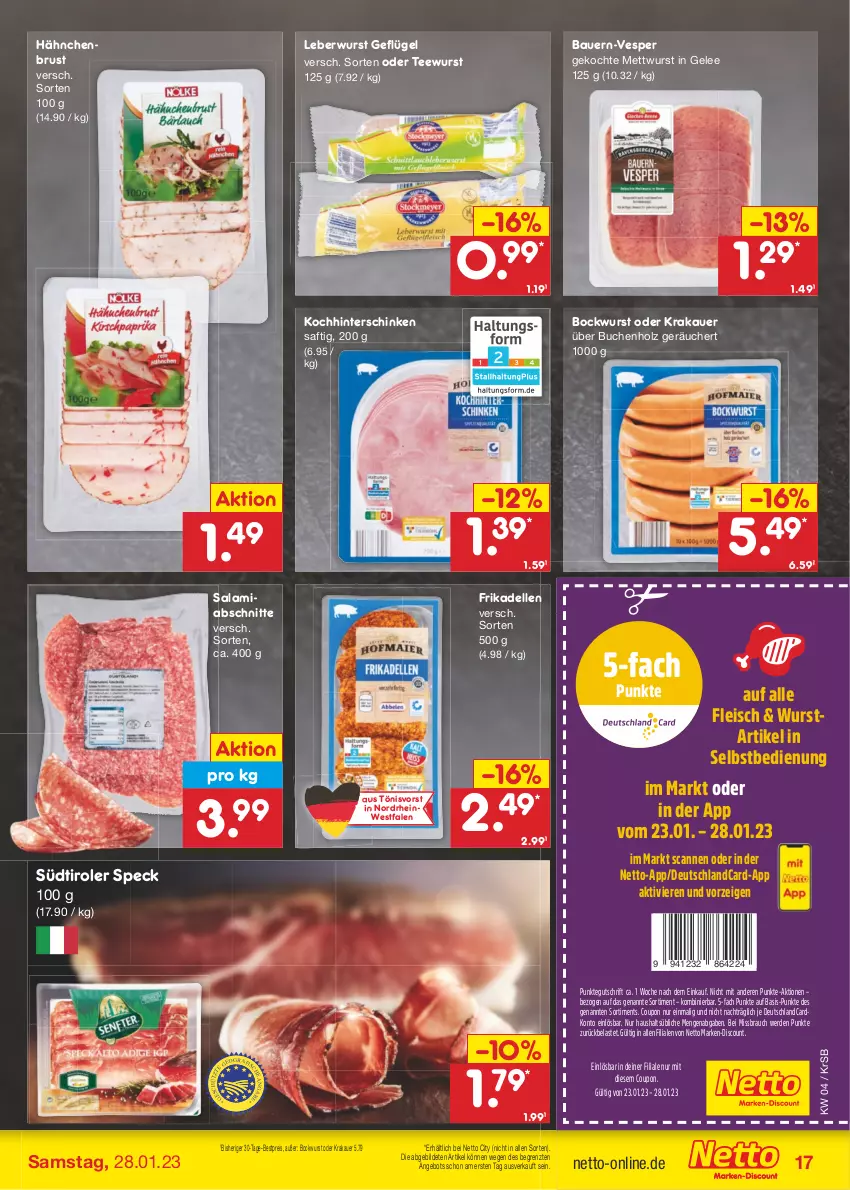 Aktueller Prospekt Netto Marken-Discount - Filial-Angebote - von 23.01 bis 28.01.2023 - strona 17 - produkty: angebot, auer, Bau, Bauer, bestpreis, bockwurst, buch, coupon, dell, deutschlandcard, discount, eis, elle, erde, fleisch, frikadellen, Geflügel, gelee, hähnchenbrust, hinterschinken, Holz, krakauer, leberwurst, marken-discount, Mett, mettwurst, Rauch, reis, saft, salami, schinken, Speck, südtiroler, tee, teewurst, Ti, wurst, ZTE