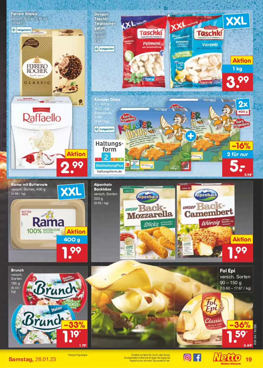 Aktueller Prospekt Netto Marken-Discount - Filial-Angebote - von 23.01 bis 28.01.2023 - strona 19 - produkty: Alpenhain, angebot, bestpreis, butter, dovgan, eis, ferrero, fol epi, Käse, rama, reis, stieleis, Tasche, taschen, taschki, Ti, ZTE