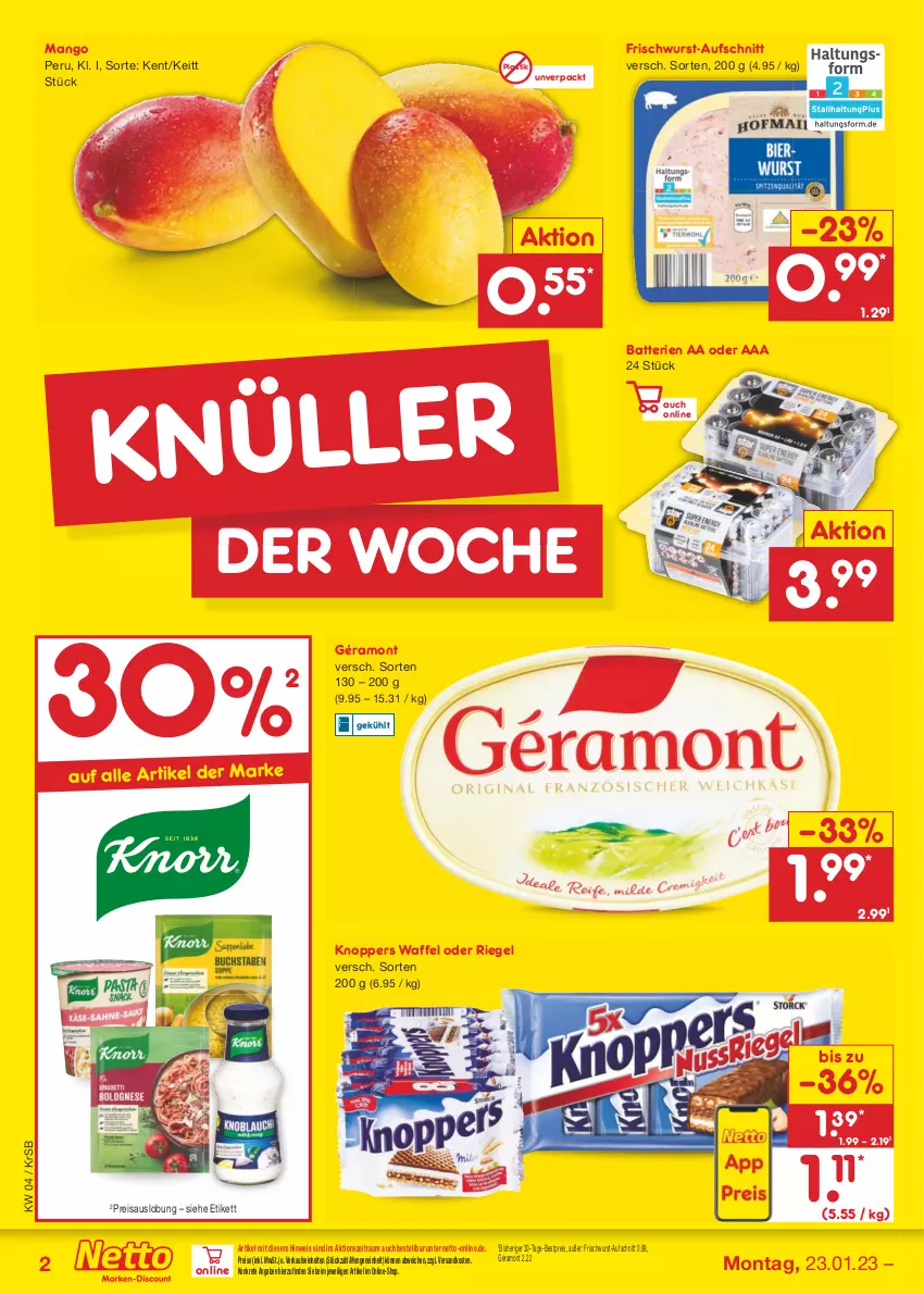 Aktueller Prospekt Netto Marken-Discount - Filial-Angebote - von 23.01 bis 28.01.2023 - strona 2 - produkty: asti, aufschnitt, batterie, batterien, bestpreis, eis, frischwurst-aufschnitt, géramont, knoppers, mango, ndk, reis, riegel, Ti, wurst