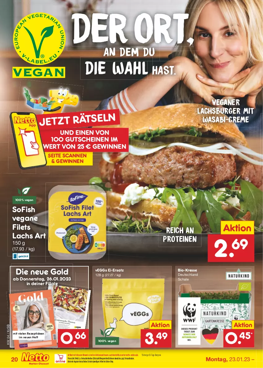 Aktueller Prospekt Netto Marken-Discount - Filial-Angebote - von 23.01 bis 28.01.2023 - strona 20 - produkty: bestpreis, bio, burger, creme, eis, filet, filets, gutschein, gutscheine, lachs, magazin, ndk, reis, rezept, Schal, Schale, Ti, wasa