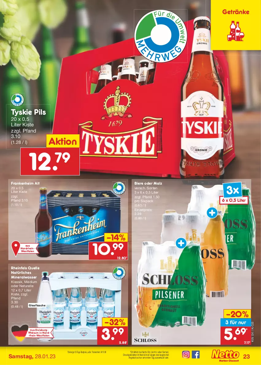 Aktueller Prospekt Netto Marken-Discount - Filial-Angebote - von 23.01 bis 28.01.2023 - strona 23 - produkty: Alwa, angebot, bestpreis, bier, Biere, eis, elle, flasche, getränk, getränke, glasflasche, malz, mineralwasser, natur, natürliches mineralwasser, pils, reis, rel, rheinfels quelle, Ti, tyskie, wasser, ZTE