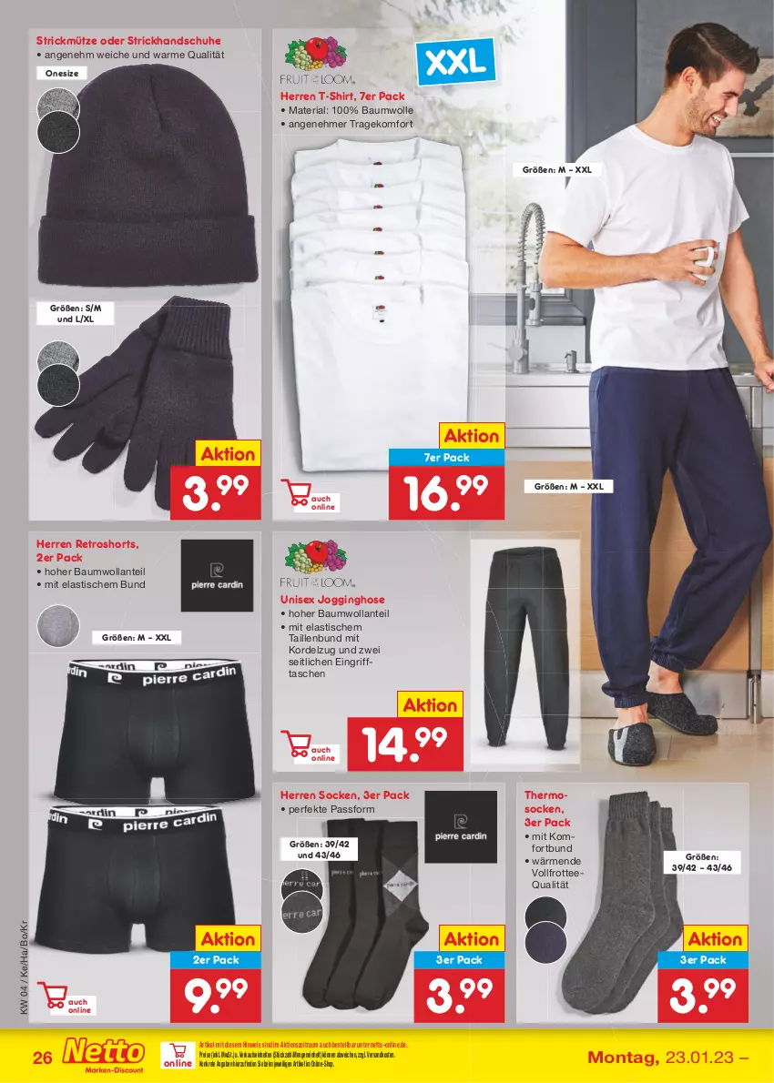 Aktueller Prospekt Netto Marken-Discount - Filial-Angebote - von 23.01 bis 28.01.2023 - strona 26 - produkty: asti, Bau, baumwolle, eis, gin, handschuhe, hose, Jogginghose, Mütze, ndk, reis, retroshorts, Ria, schuhe, shirt, shorts, socken, T-Shirt, Tasche, taschen, tee, Ti, tisch, wolle