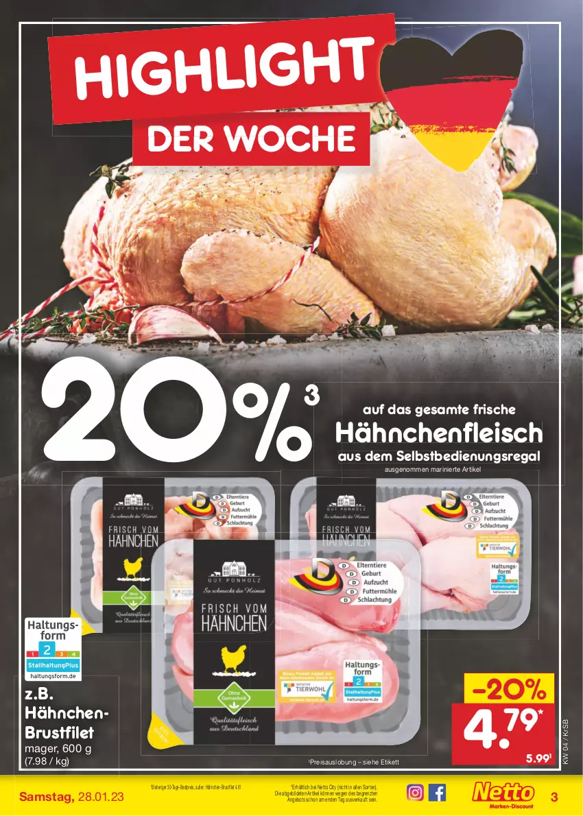 Aktueller Prospekt Netto Marken-Discount - Filial-Angebote - von 23.01 bis 28.01.2023 - strona 3 - produkty: angebot, bestpreis, brustfilet, eis, filet, fleisch, Frische Hähnchen, hähnchen-brustfilet, hähnchenbrust, hähnchenbrustfilet, Hähnchenfleisch, regal, reis, Ti, ZTE