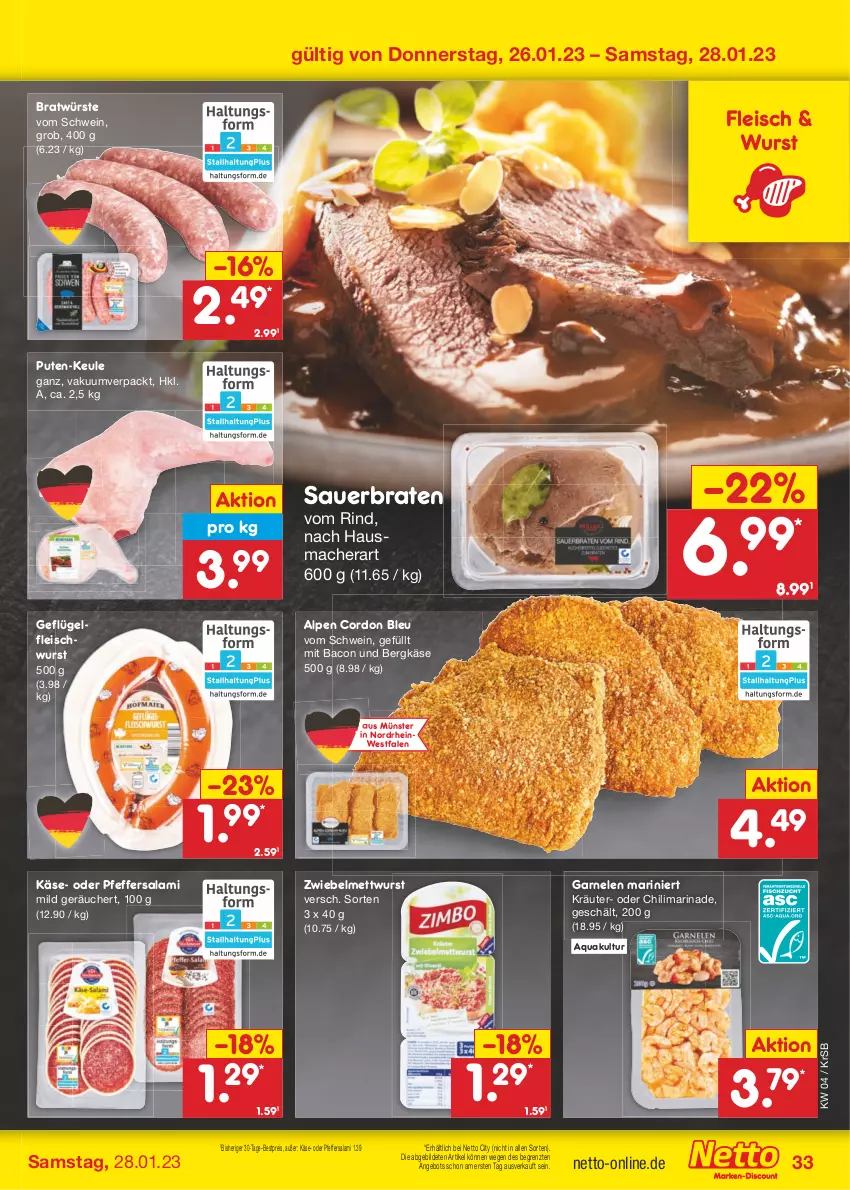 Aktueller Prospekt Netto Marken-Discount - Filial-Angebote - von 23.01 bis 28.01.2023 - strona 33 - produkty: angebot, aqua, auer, bacon, Bergkäse, bestpreis, braten, chili, cordon bleu, eis, fleisch, fleischwurst, garnelen, Geflügel, Hausmacher, Käse, kräuter, mac, marinade, Mett, mettwurst, pfeffer, pute, reis, rind, salami, schwein, Ti, wein, wurst, ZTE, zwiebel, zwiebelmettwurst